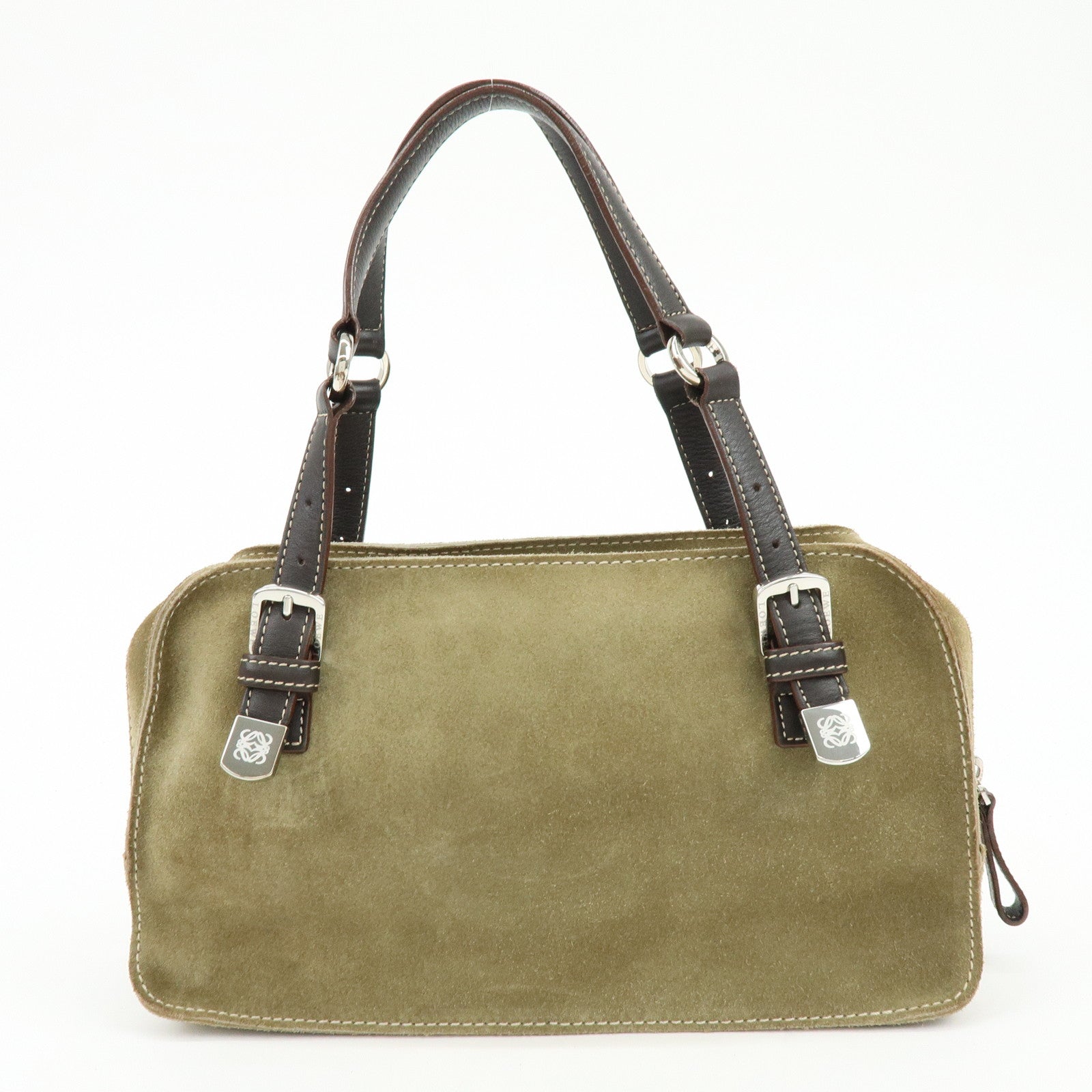 LOEWE Anagram Suede Leather Hand Bag Tote Bag Studs Khaki Brown