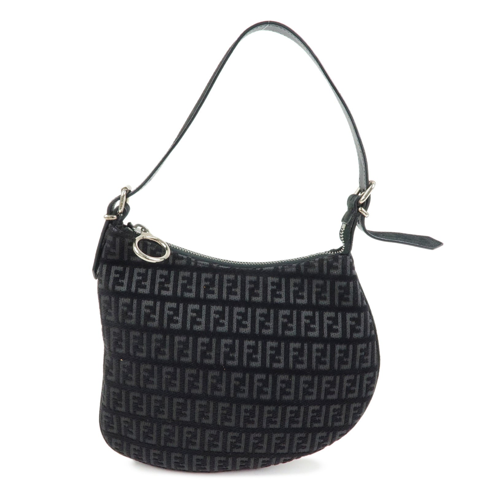 FENDI Zucchino Canvas Leather Shoulder Bag Hand Bag Black 8BR248