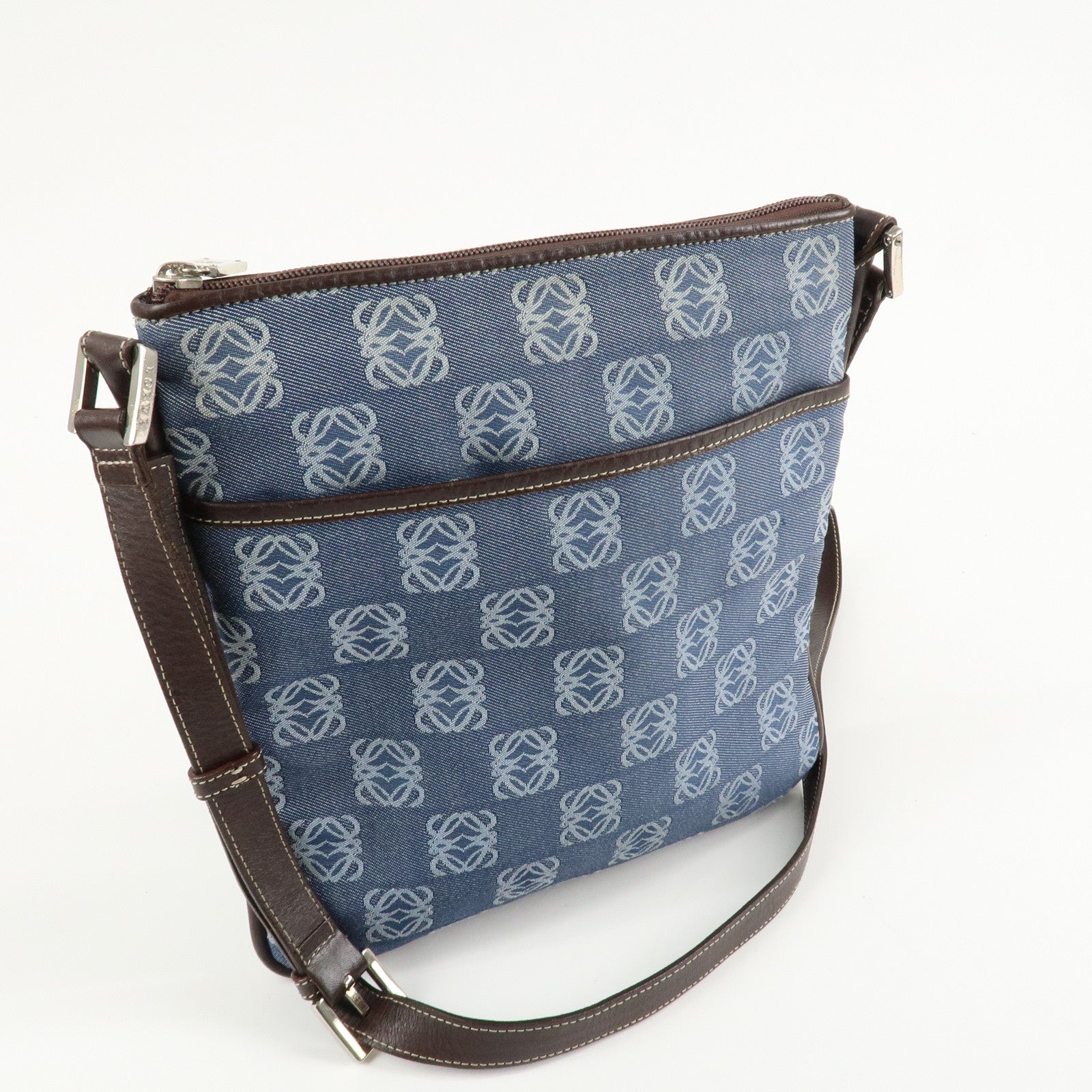 LOEWE Repeat Anagram Canvas Leather Shoulder Bag Crossbody Bag Blue Used