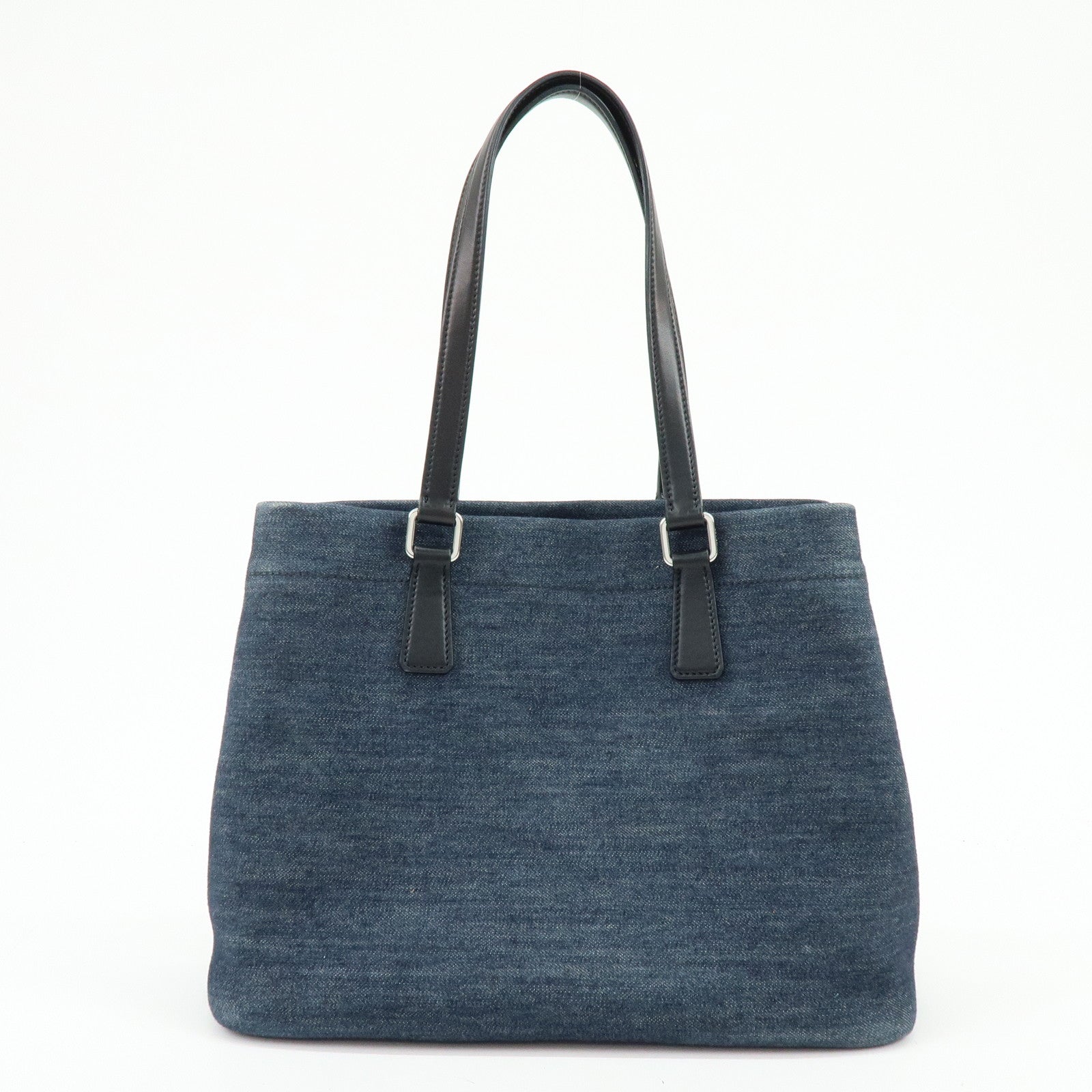 PRADA Logo Denim Leather Tote Bag Shoulder Hand Bag Navy Black 1BG356