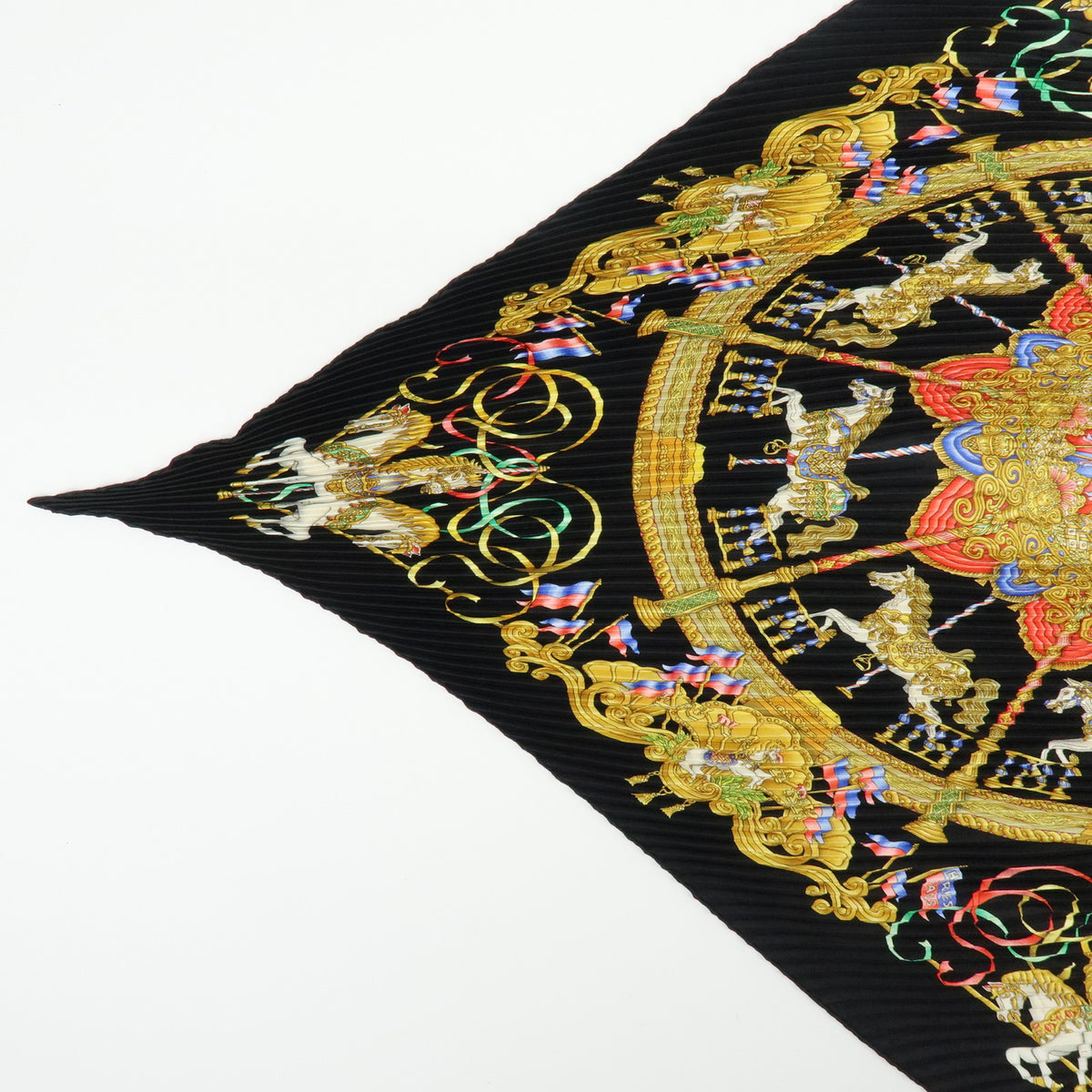 HERMES Pleated Carre 90 Silk 100% Luna Park Black Multicolor