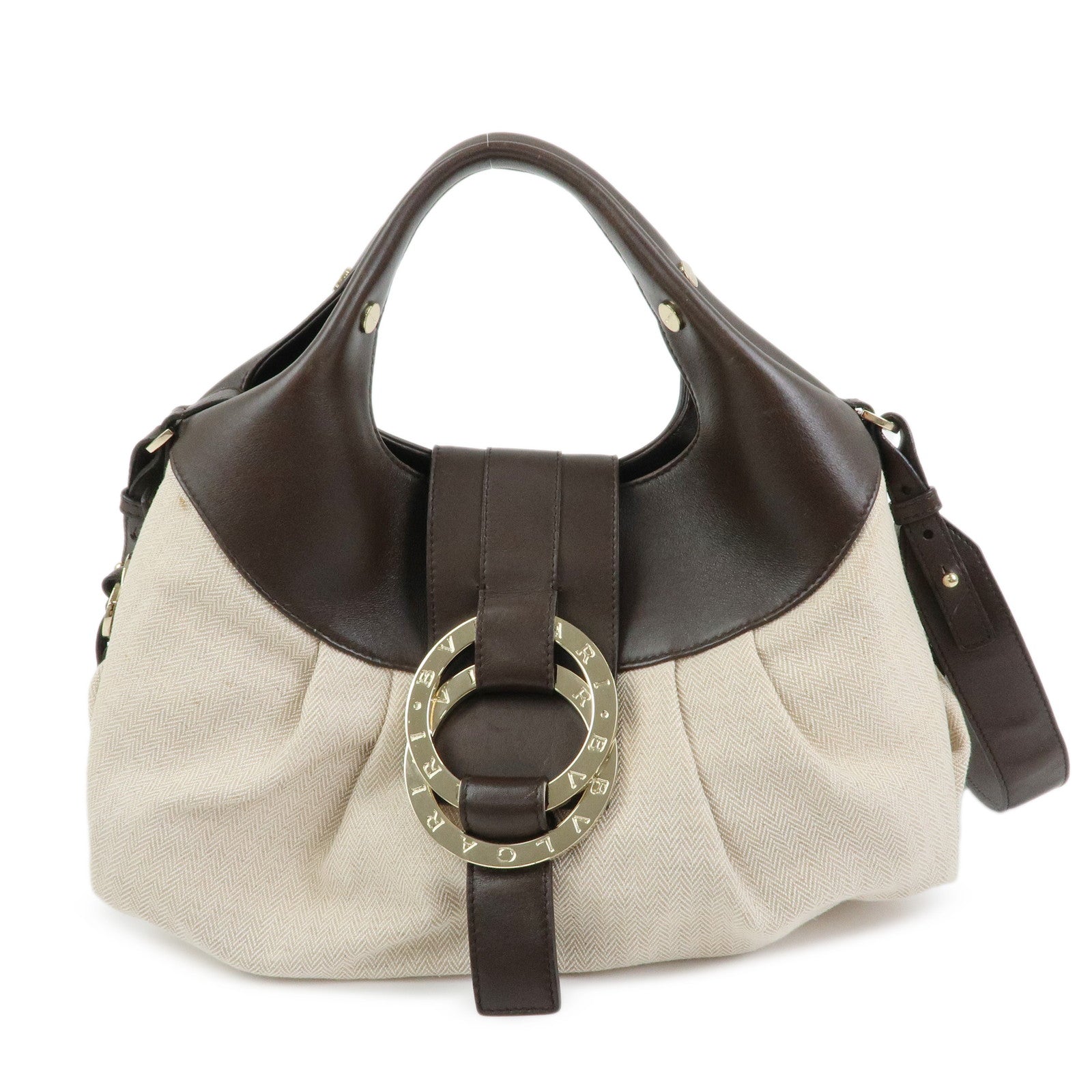 BVLGARI Chandra Canvas Leather 2Way Bag Hand Shoulder Bag Ivory Brown
