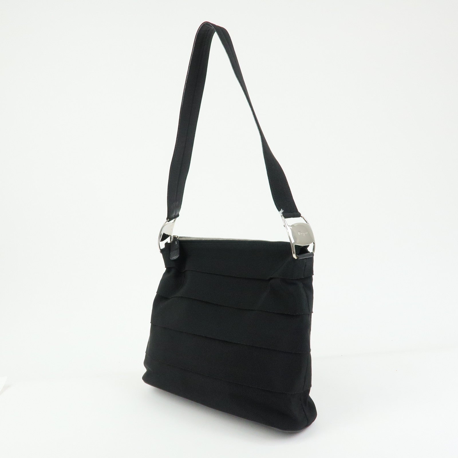 Ferragamo Vara Canvas Leather Shoulder Bag Hand Bag Black