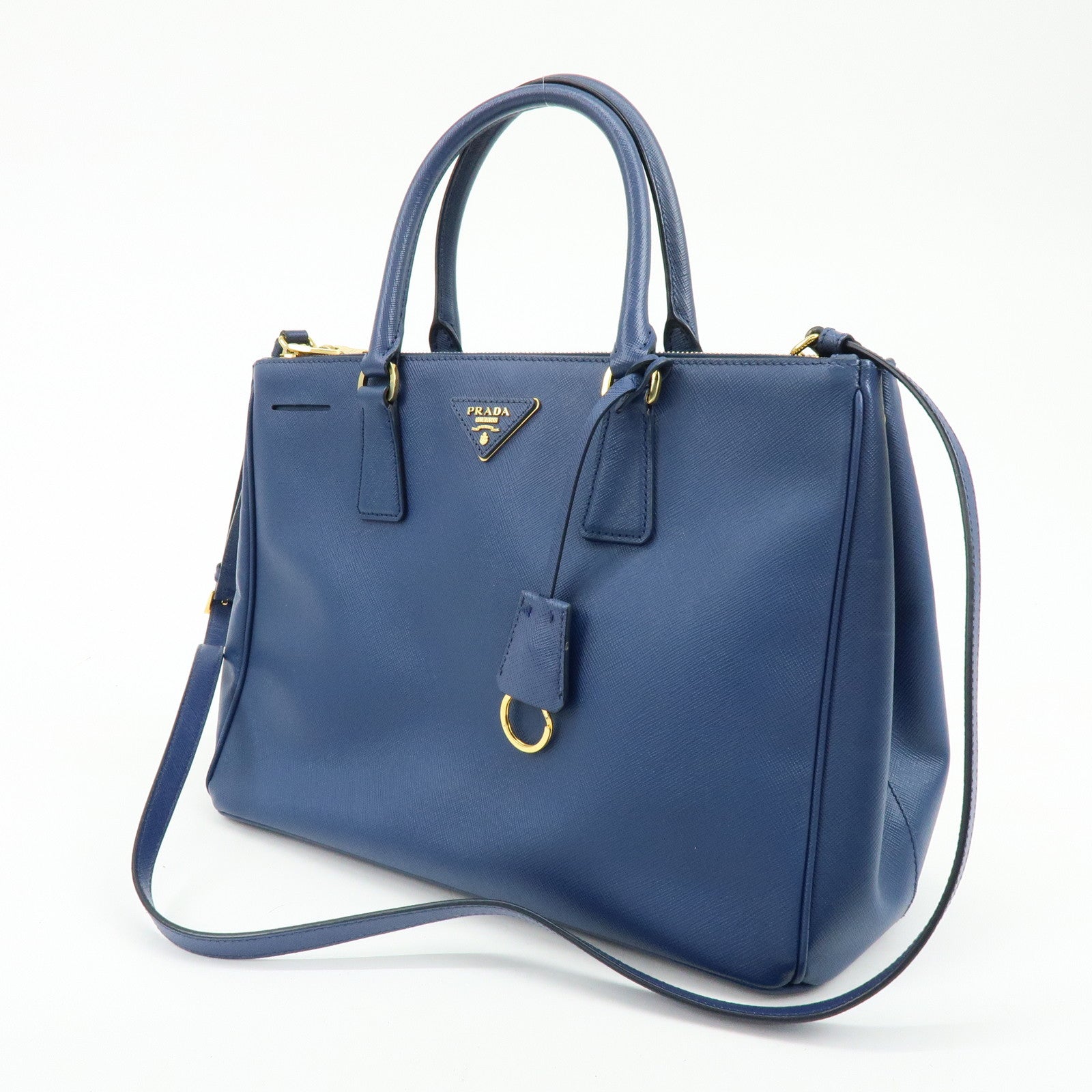 PRADA Galleria Triangle Log Saffiano Leather 2Way Hand Bag Blue BN2274