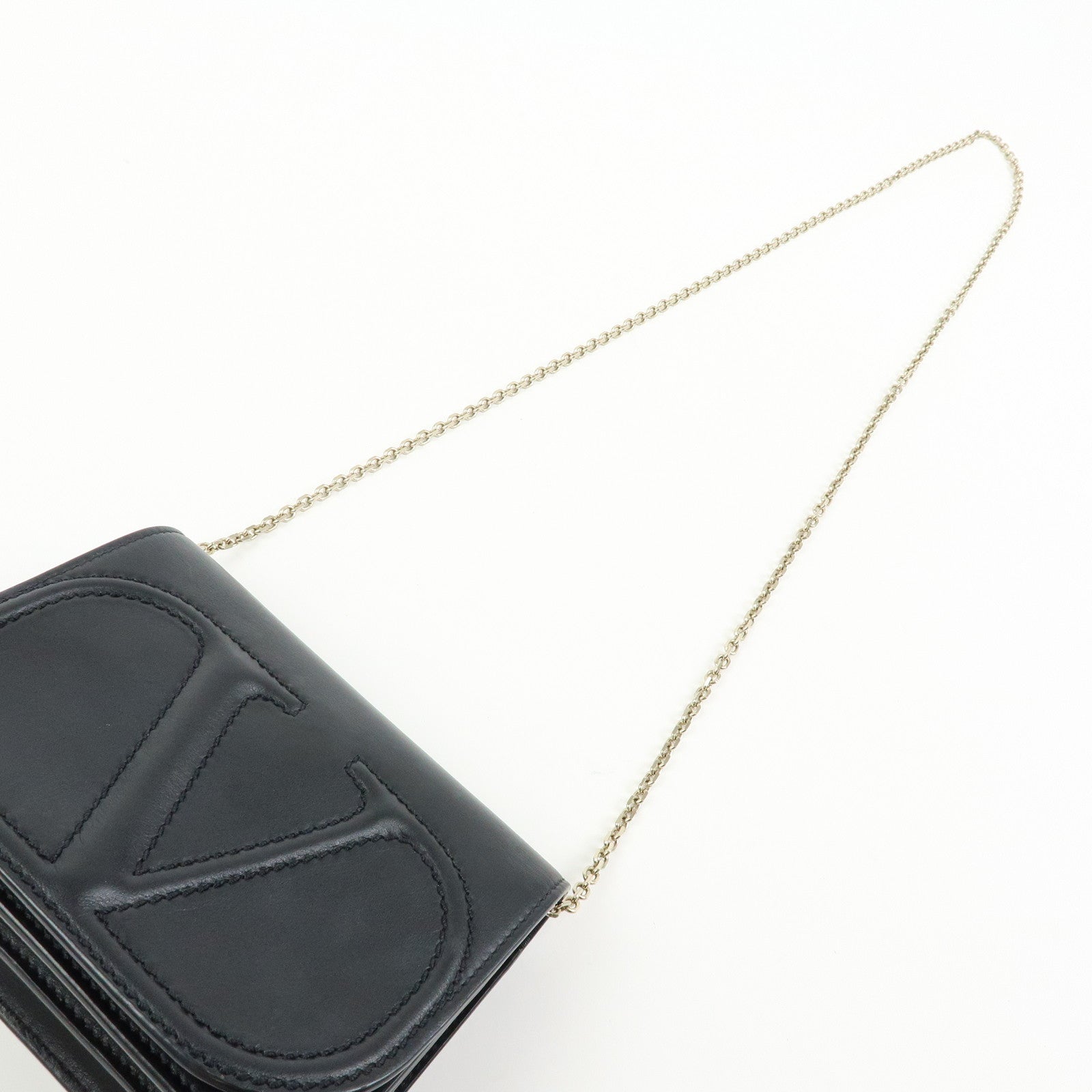VALENTINO Garavani V Logo Walk Leather Chain Shoulder Hand Bag Black