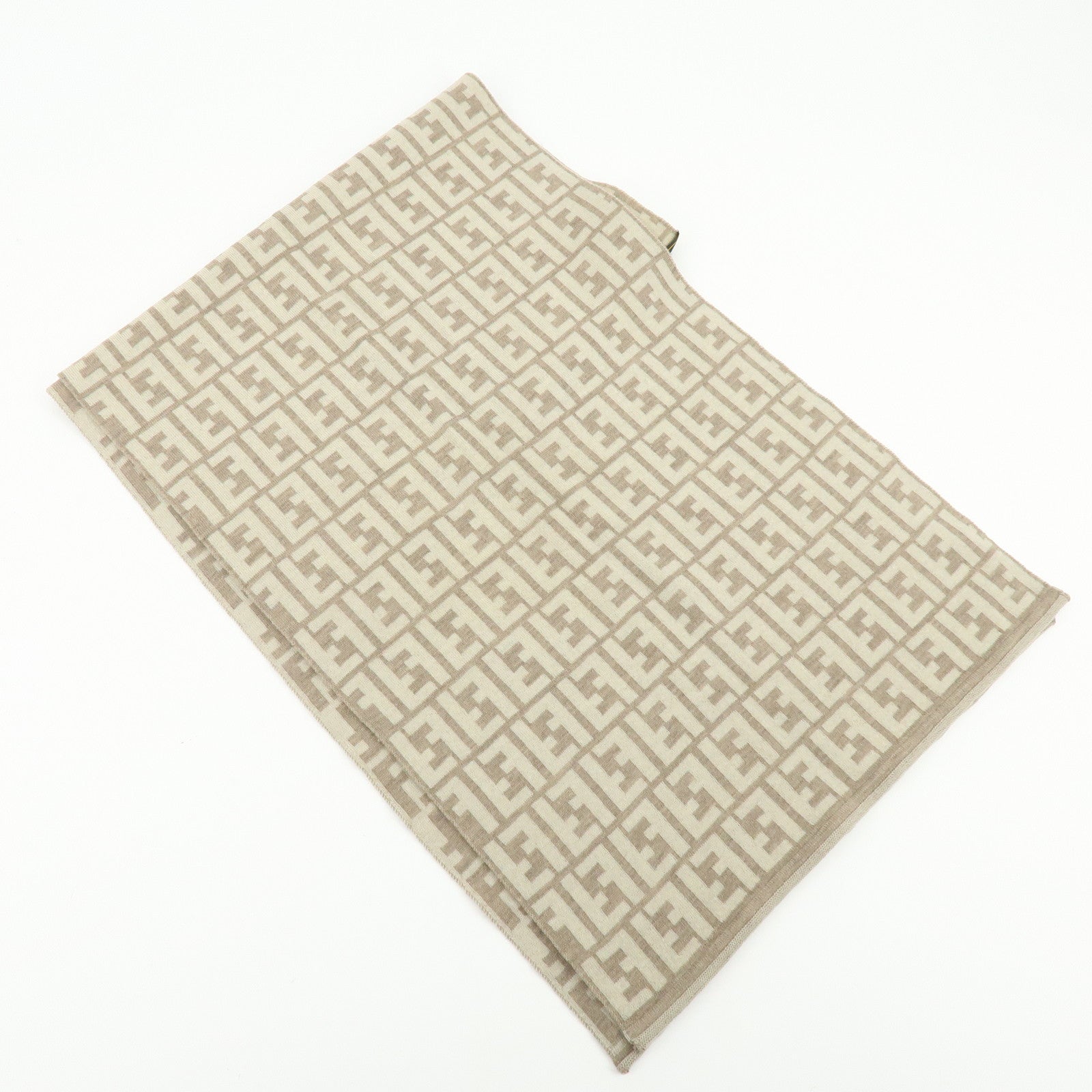 FENDI Zucca FF Logo Wool100% Scarf Stole Beige Ivory