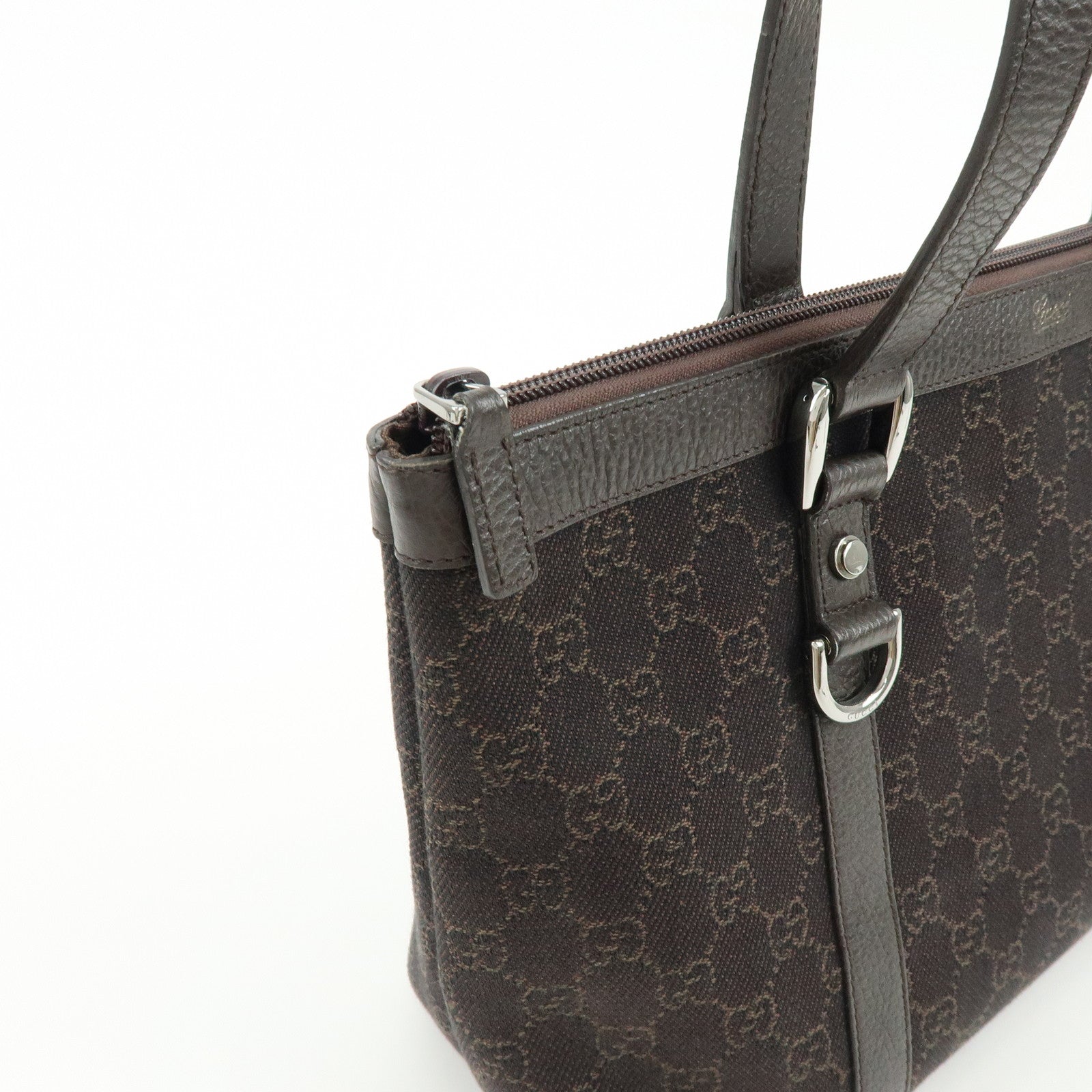 GUCCI Abbey GG Denim Leather Tote Bag Hand Bag Dark Brown 268640