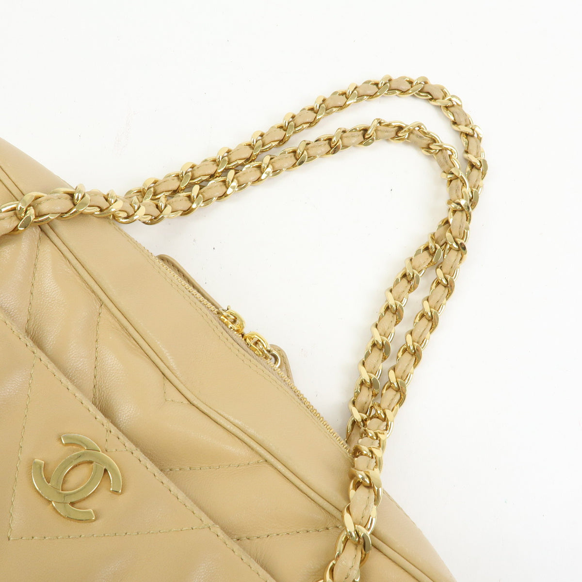 CHANEL Chevron COCO Mark Lamb Skin Chain Shoulder Bag Beige