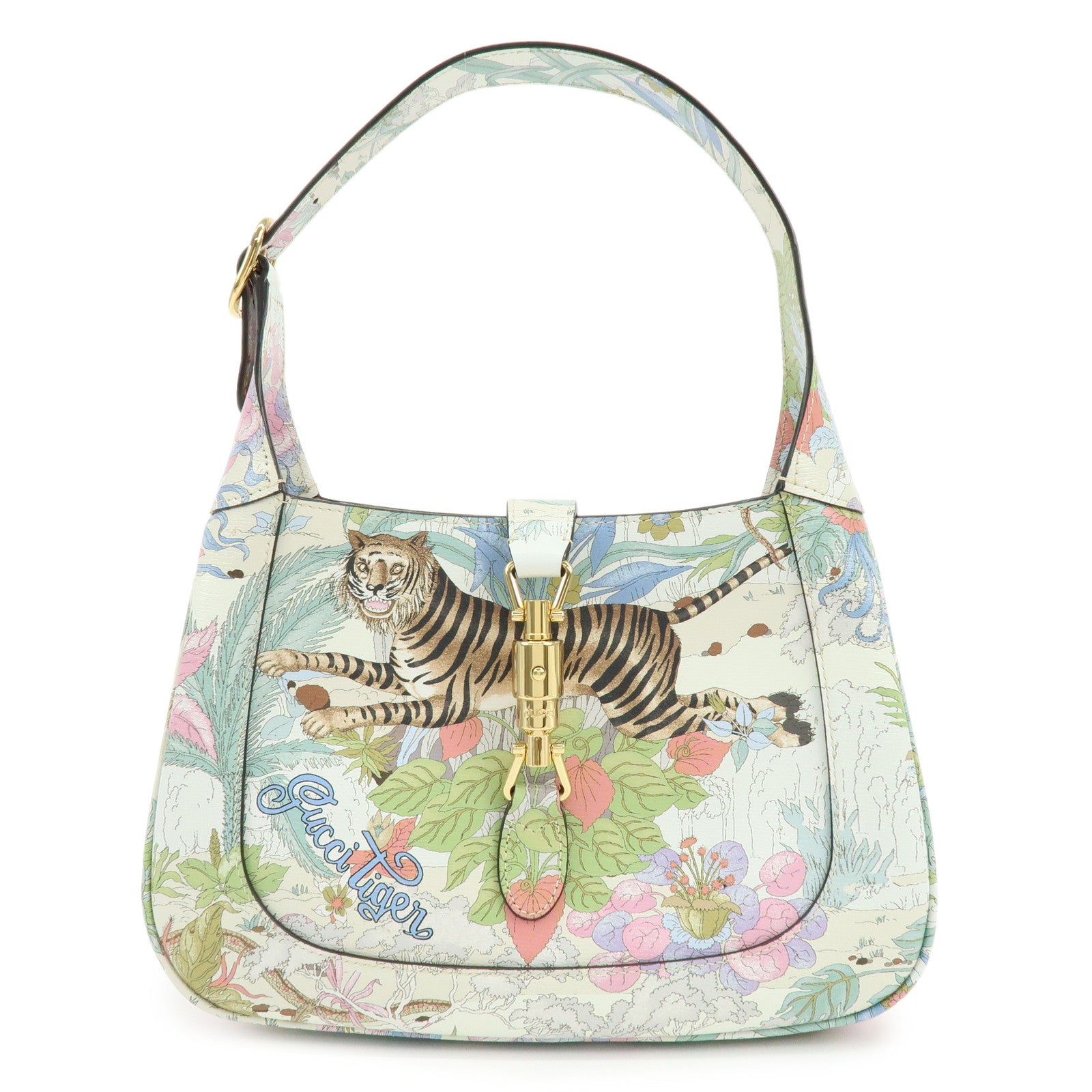 GUCCI Jackie 1961 Tiger Leather Shoulder Bag White Multicolor 636709