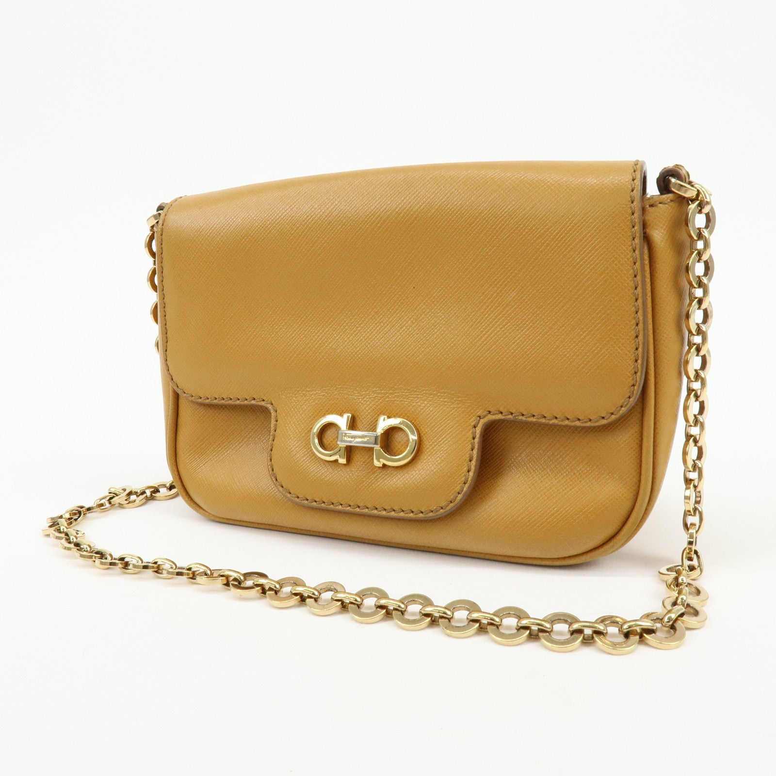 Ferragamo Gancini Leather Chain Shoulder Bag Crossbody Bag Light Brown