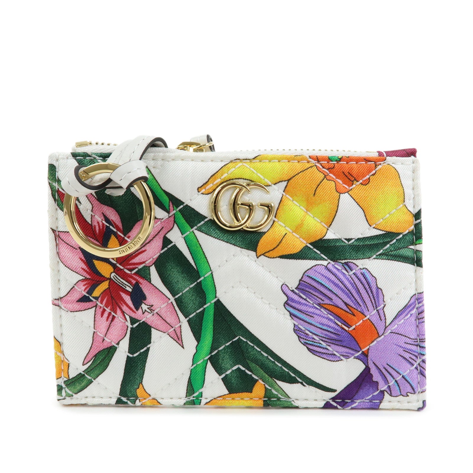 GUCCI GG Marmont FLora Double G Silk Coin Case Coin Purse White