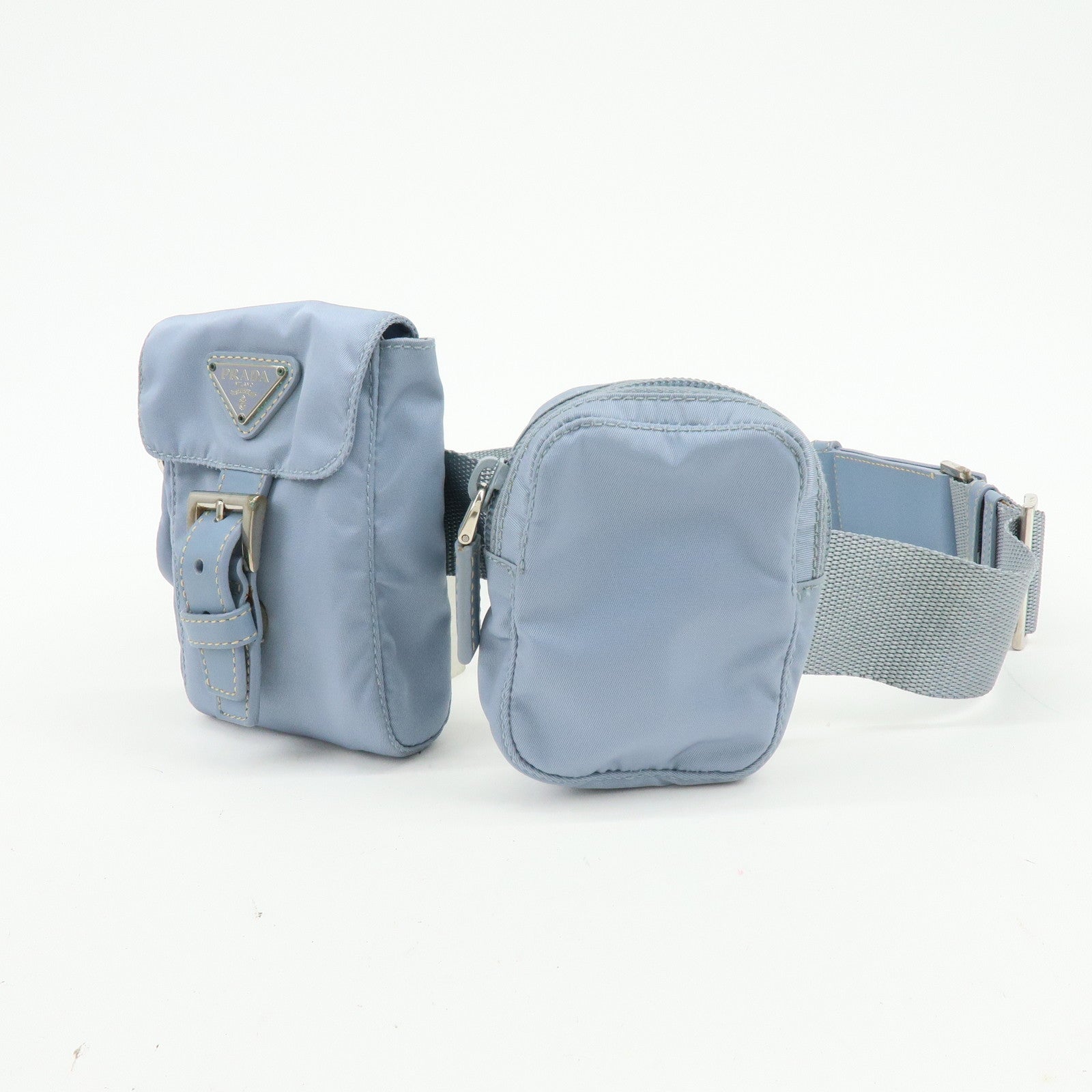 PRADA Triangle Logo Nylon Leather Waist Bag Body Bag Light Blue