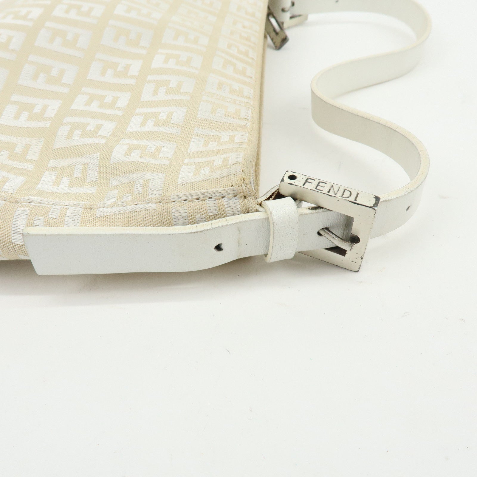 FENDI Zucchino Canvas Leather Shoulder Bag Hand Bag Beige White 8BR042