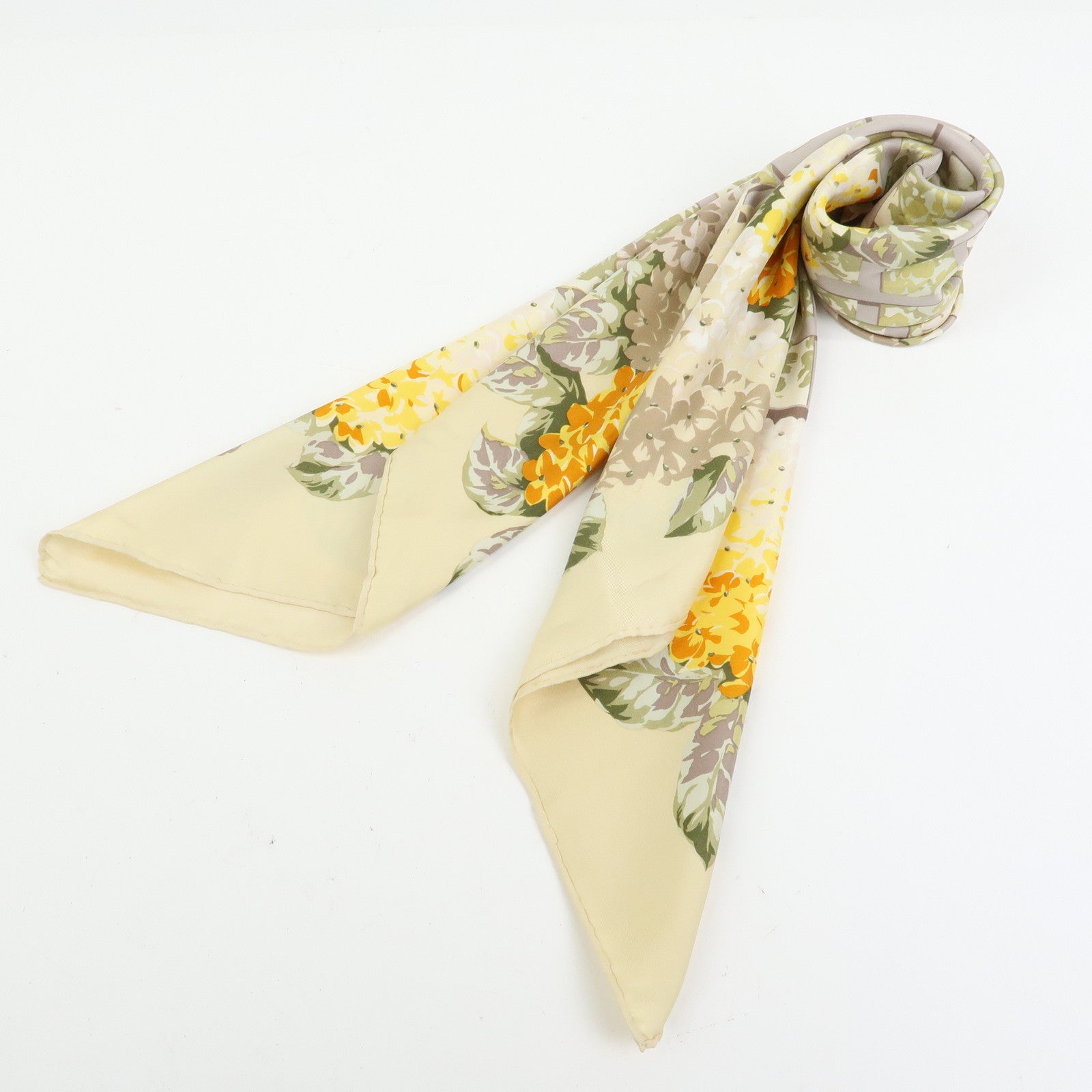Christian Dior Silk 100% Scarf Hydrangea Print Beige Yellow Green