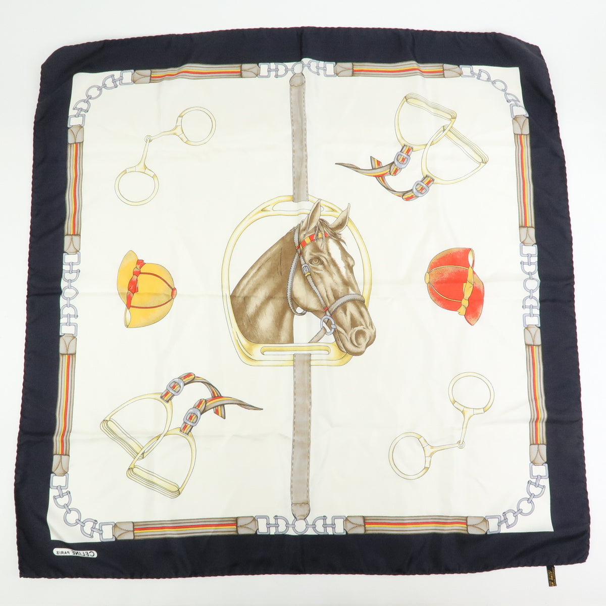 CELINE Lot of 2 Silk 100% Scarf Horse Motif Navy Black Gold White
