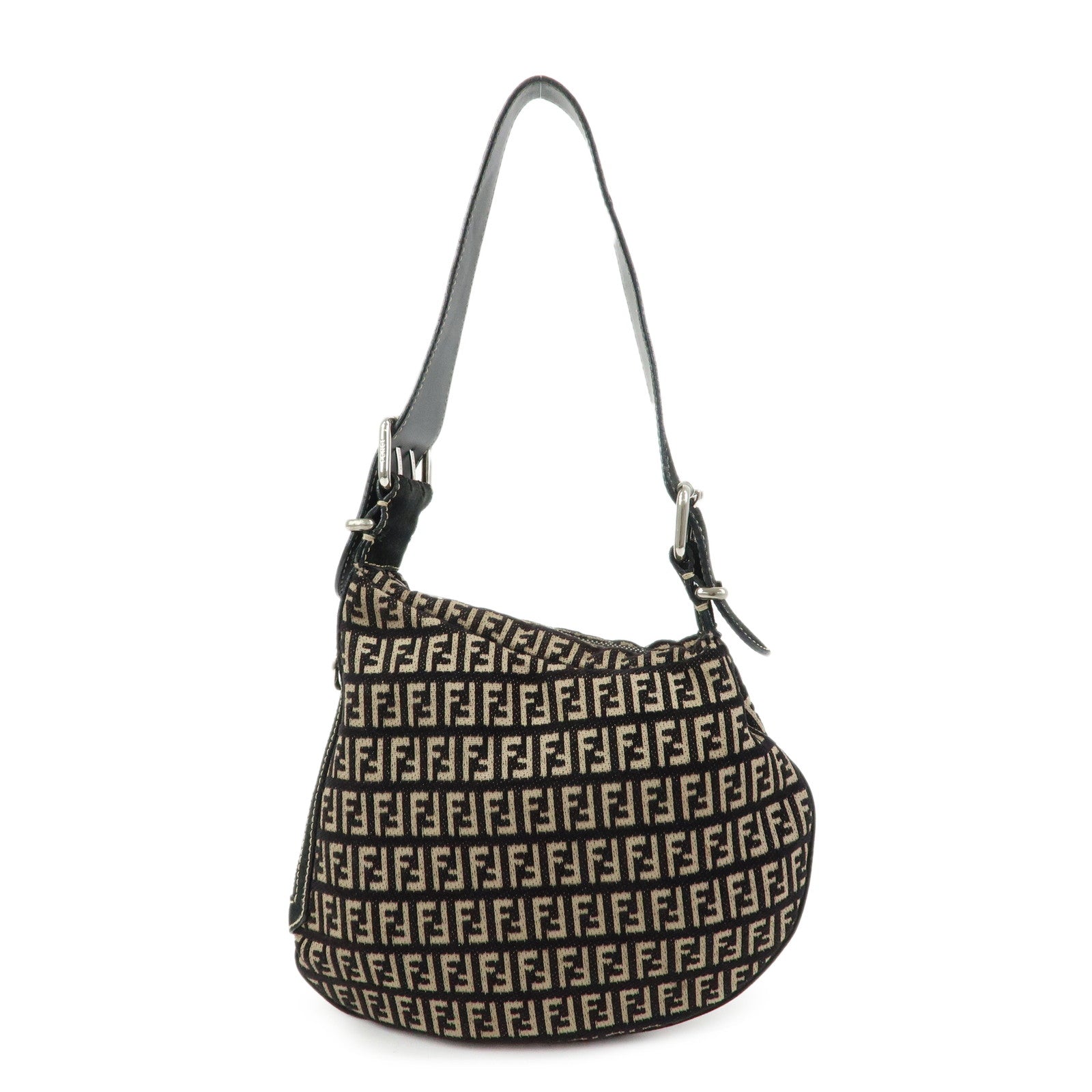FENDI Zucchino Canvas Leather Shoulder Bag Hand Bag Black Beige