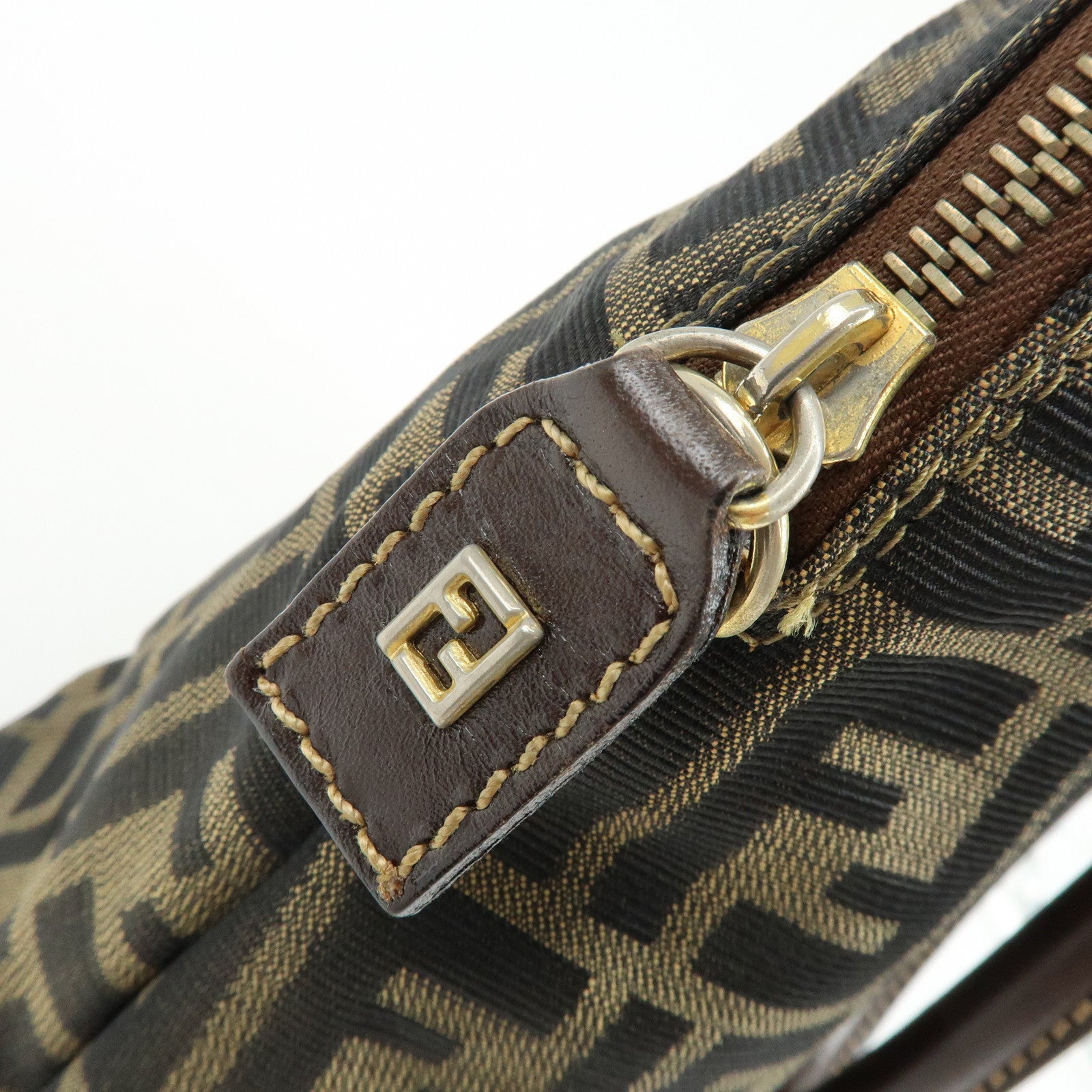 FENDI Zucca Canvas Leather 2Way Bag Hand Bag Shoulder Bag Brown Black