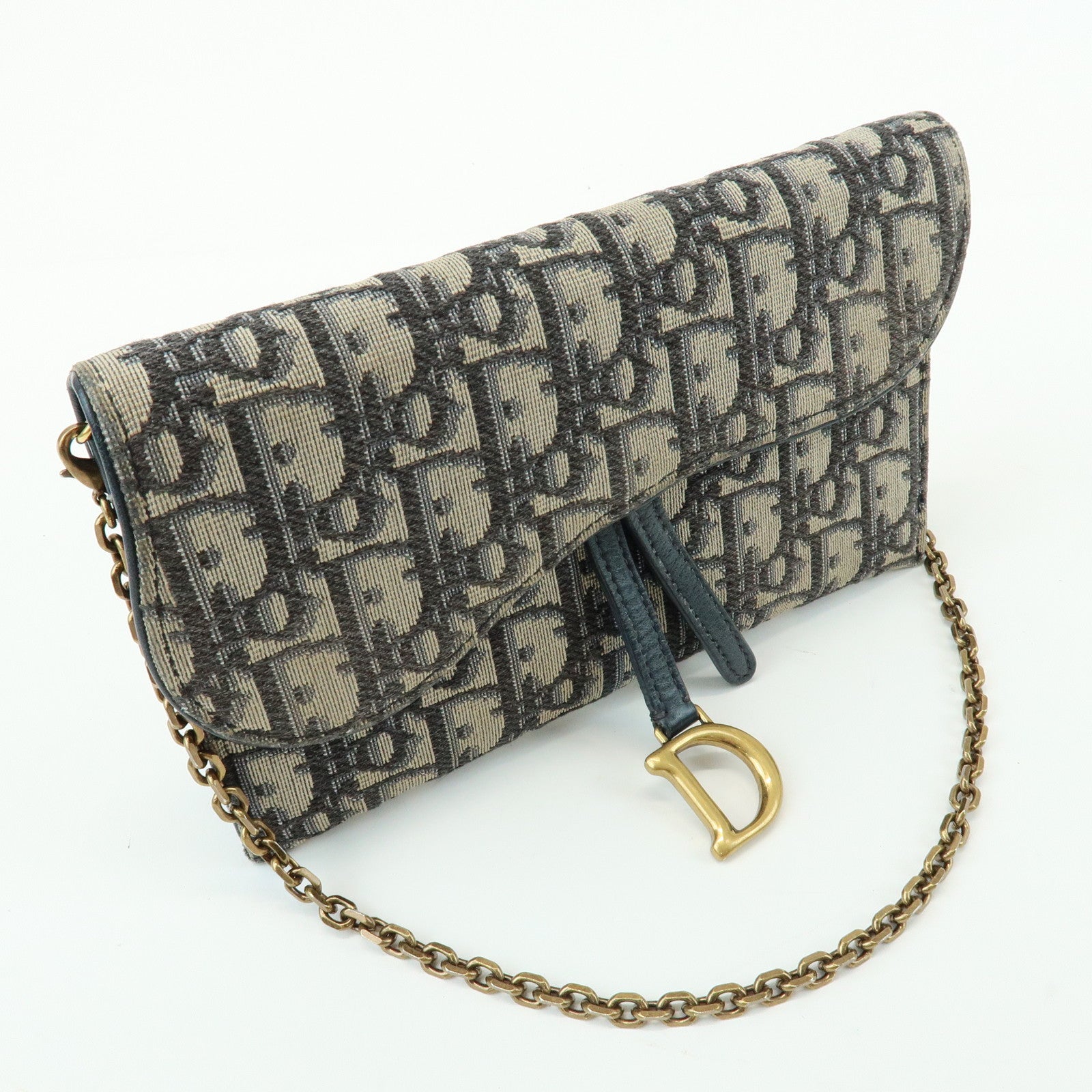 Christian Dior Oblique Saddle Canvas Leather Chain Wallet WOC Navy