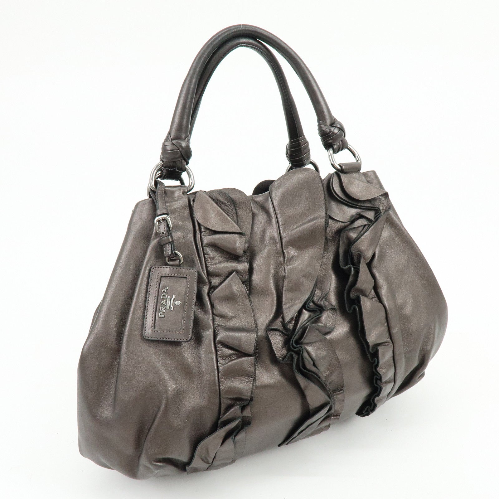 PRADA Gathered Nappa Leather Tote Bag Hand Bag Brown