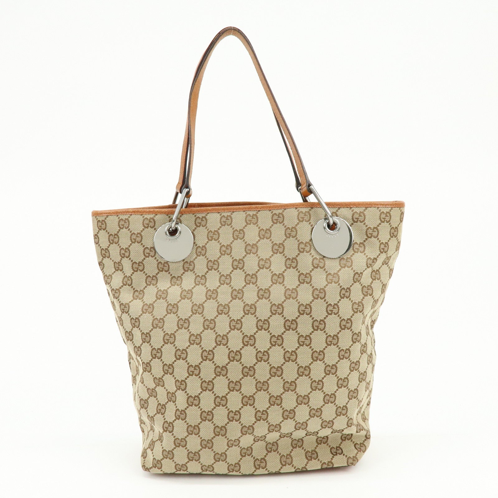 GUCCI GG Canvas Leather Tote Bag Shoulder Bag Beige Orange 120836