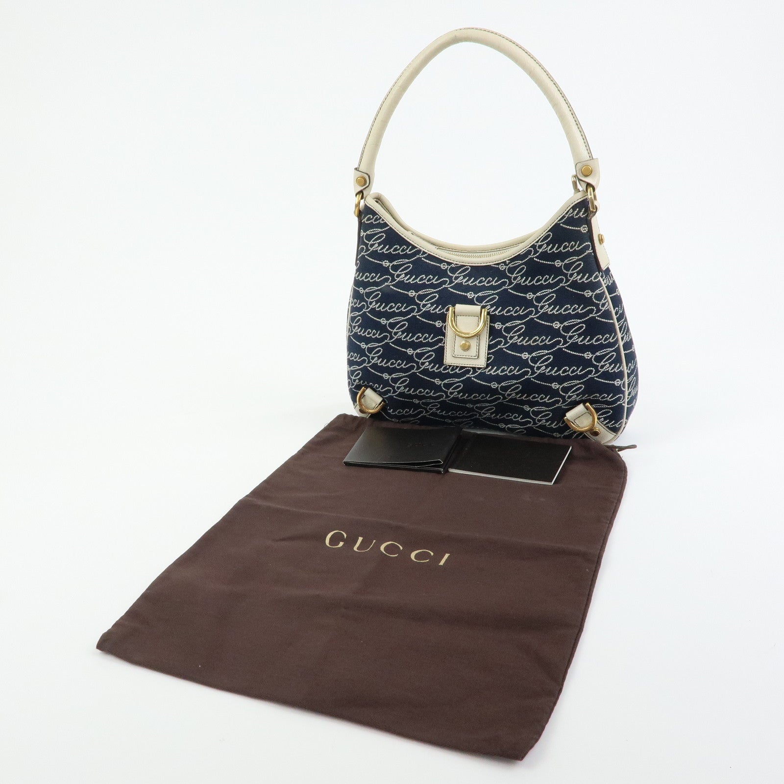 GUCCI Abbey Canvas Leather Shoulder Bag Hand Bag Navy White 130738