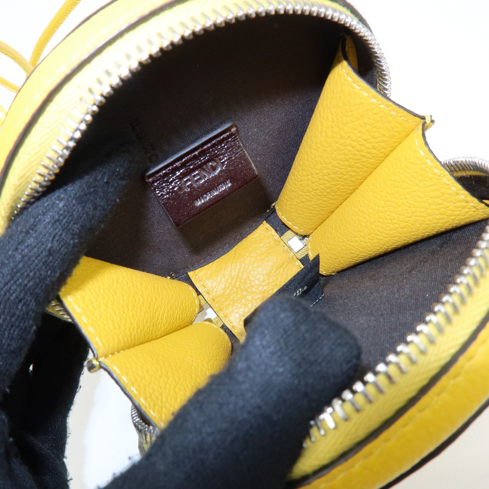 FENDI FF Logo Leather Round Zip Shoulder Bag Yellow 7M0359