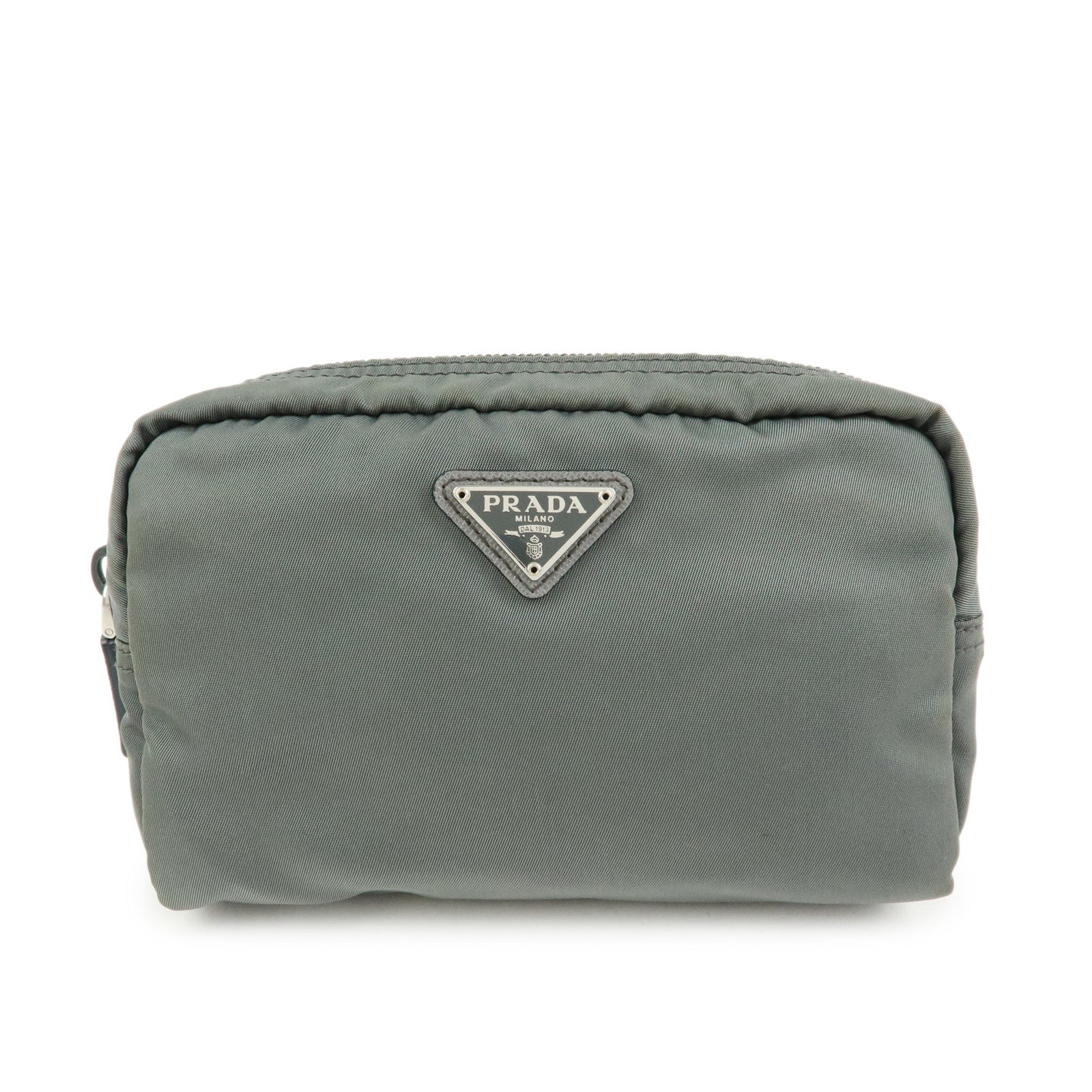 PRADA Triangle Logo Nylon Pouch Cosmetic Case Makeup Case Gray