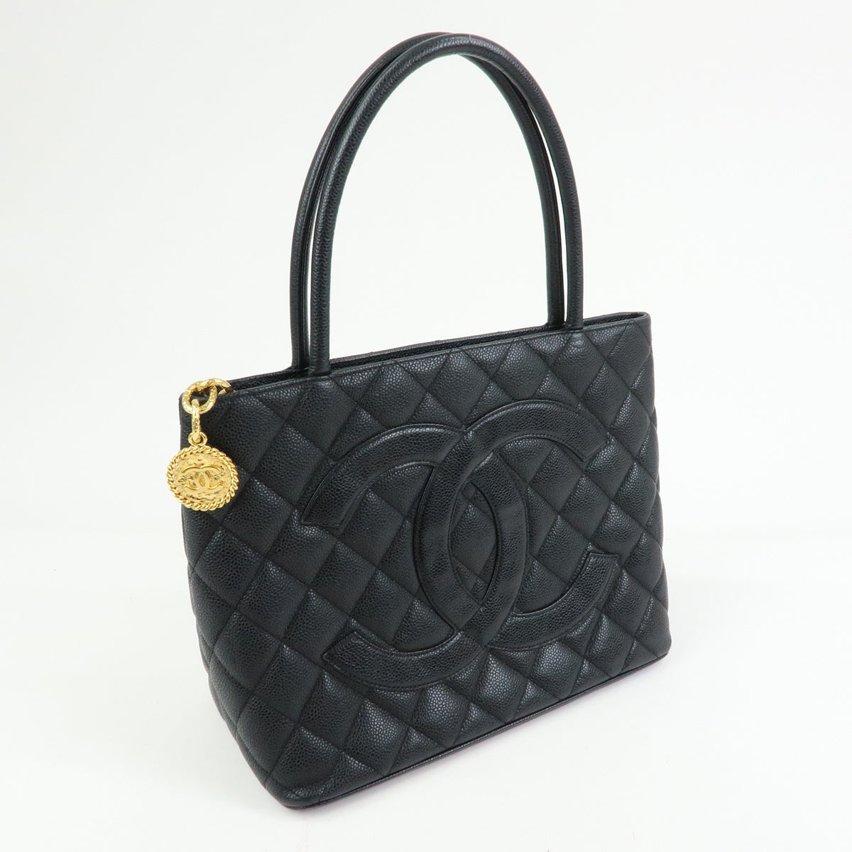 CHANEL Matelasse COCO Mark Caviarskin Medallion Tote Bag Black A01804