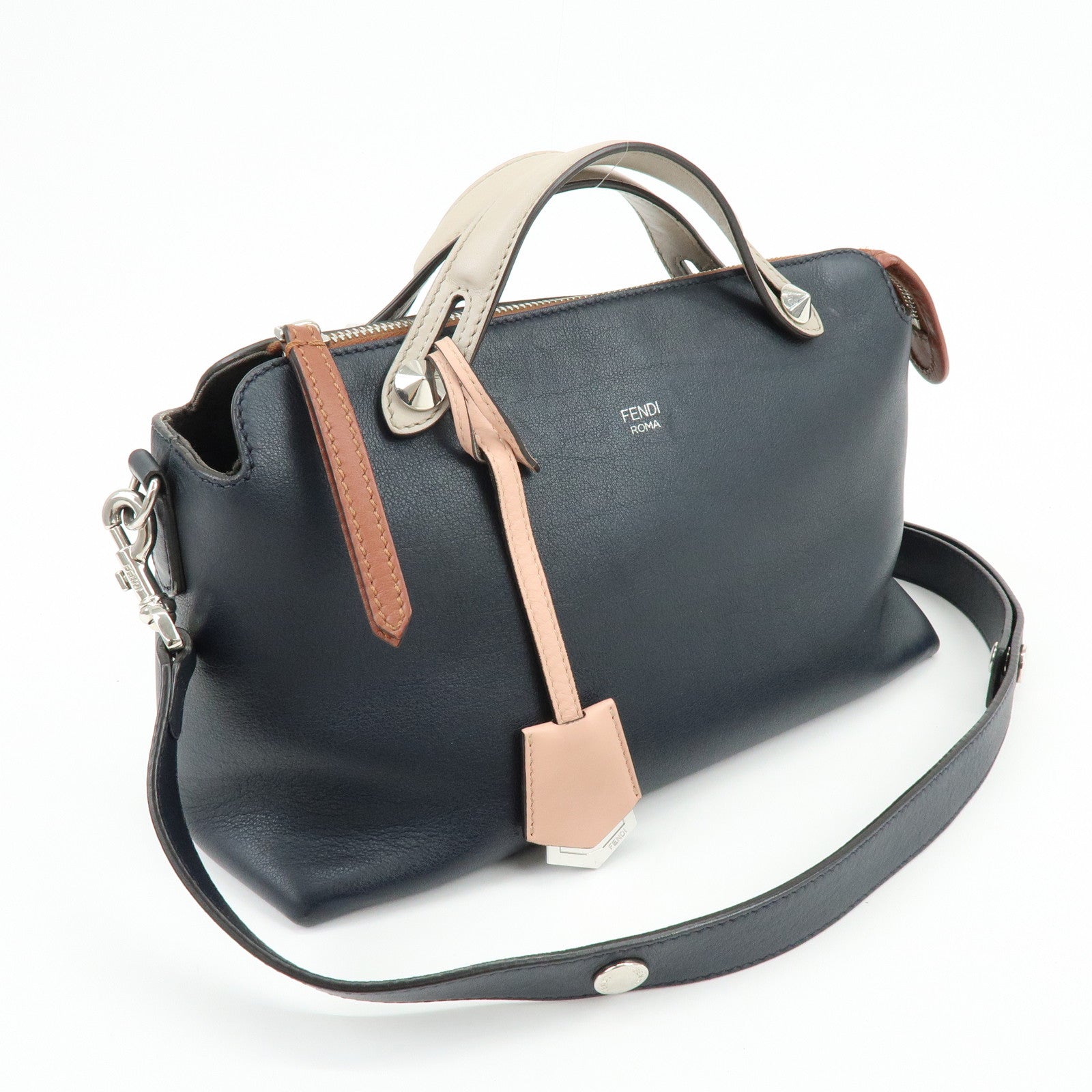 FENDI By The Way Medium Leather 2Way Hand Shoulder Bag Navy 8BL124