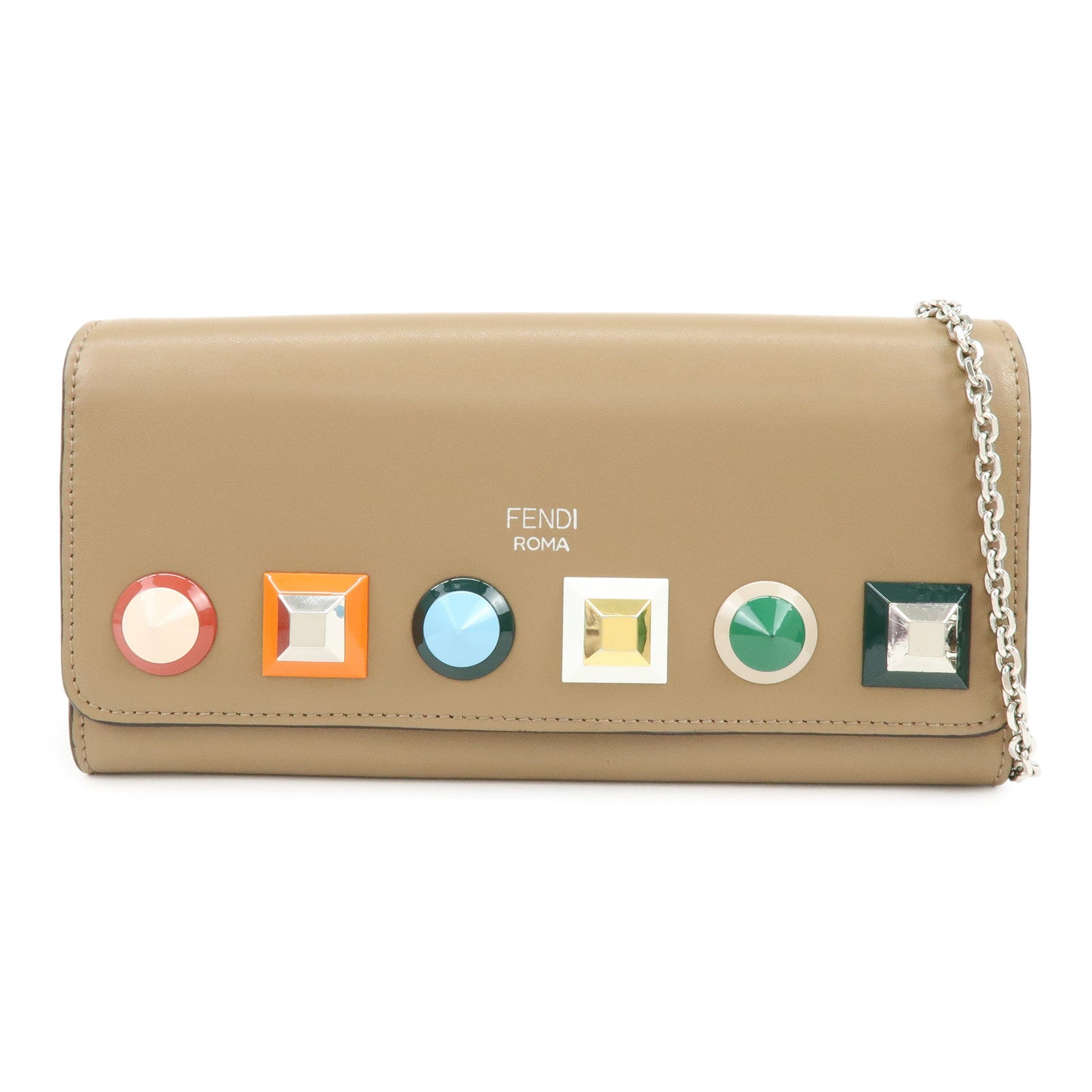 FENDI Leather Studs Chain Shoulder Wallet Long Wallet Beige 8M0365