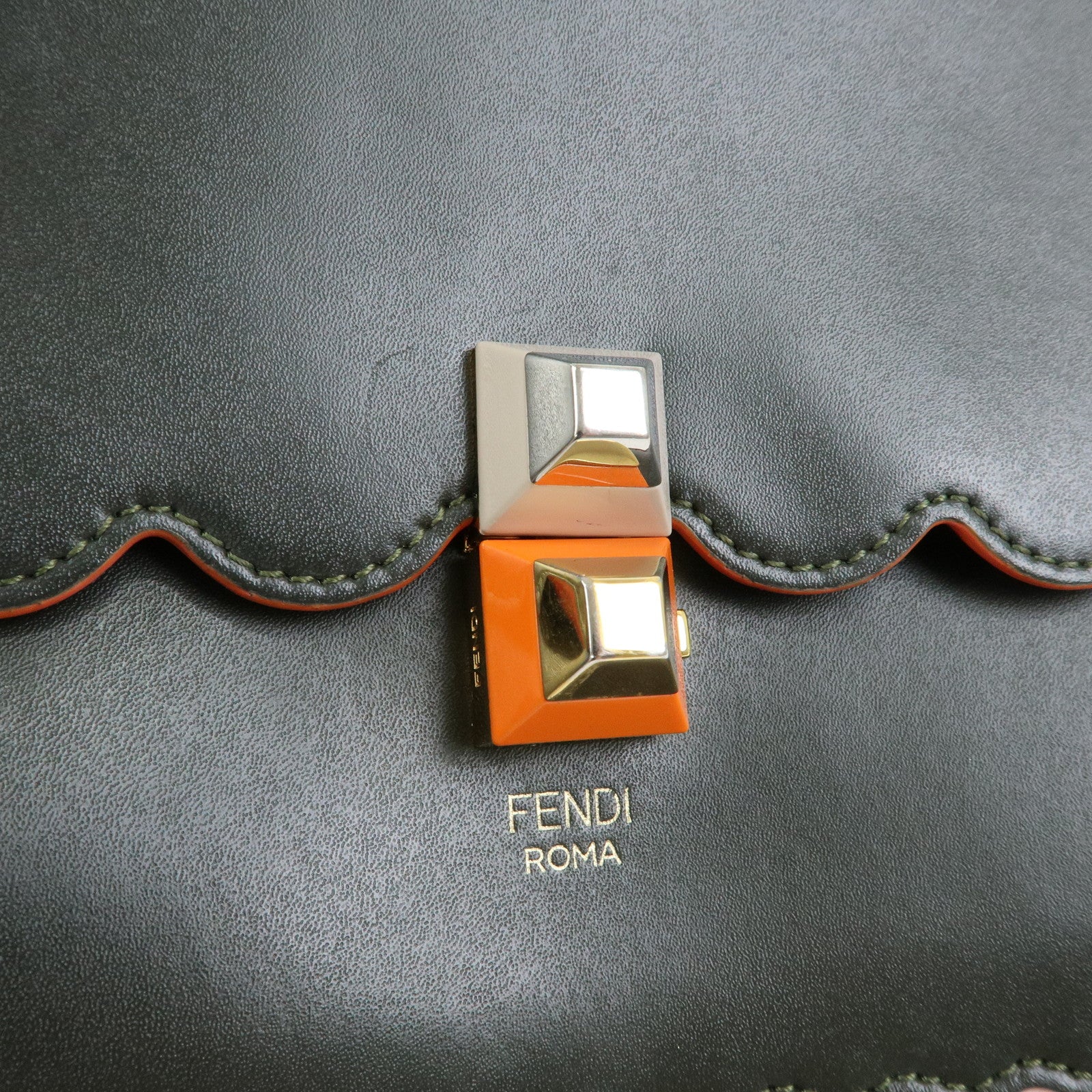 FENDI KAN I Leather 2Way Bag Chain Shoulder Bag Green Orange 8BT283
