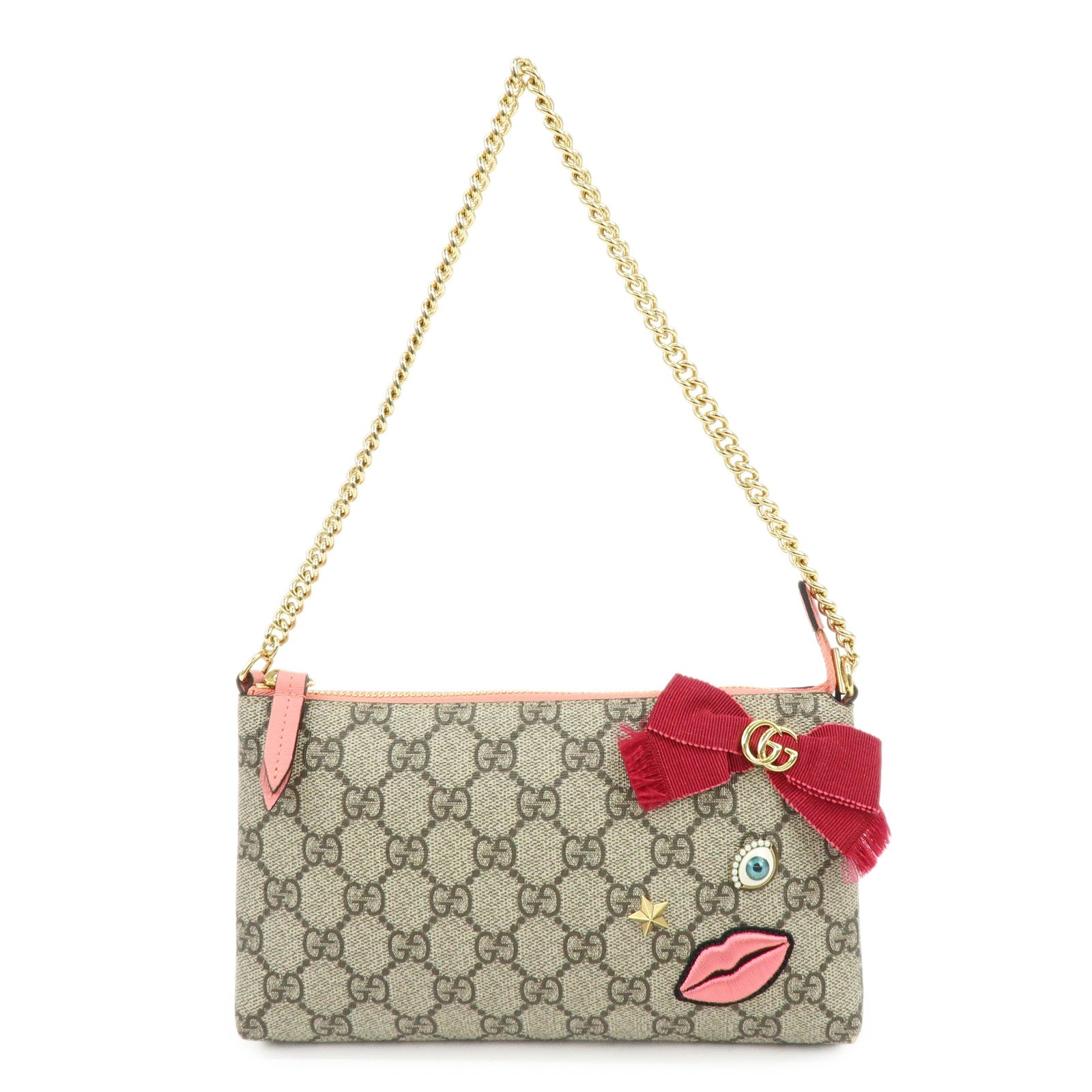 GUCCI Double G GG Supreme Leather Chain Shoulder Bag Ribbon Pink 431396