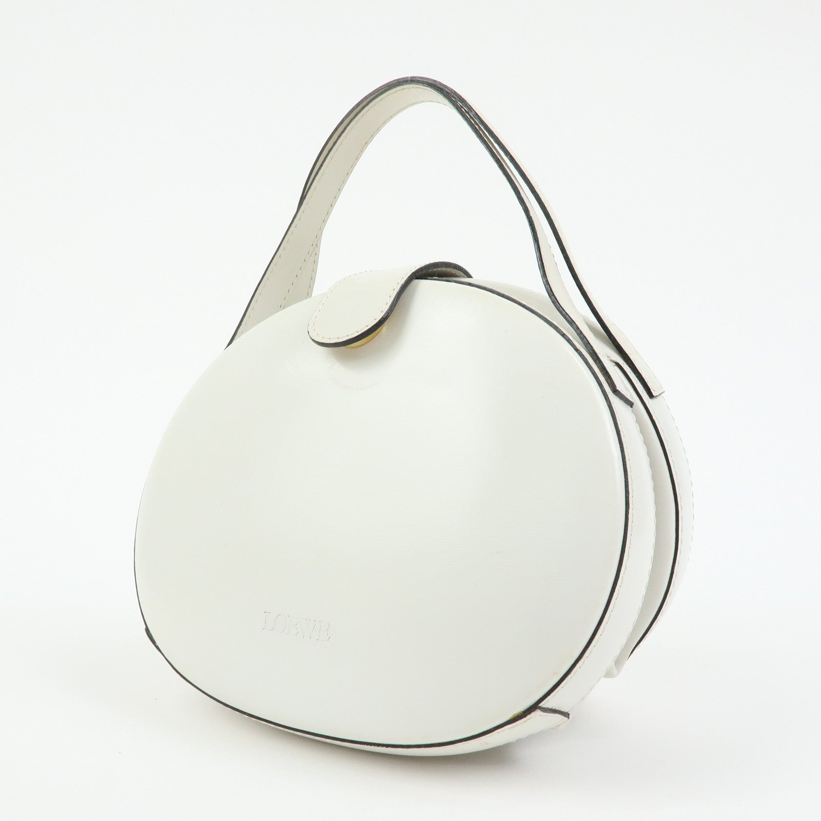 Loewe Logo Round Leather Hand Bag White