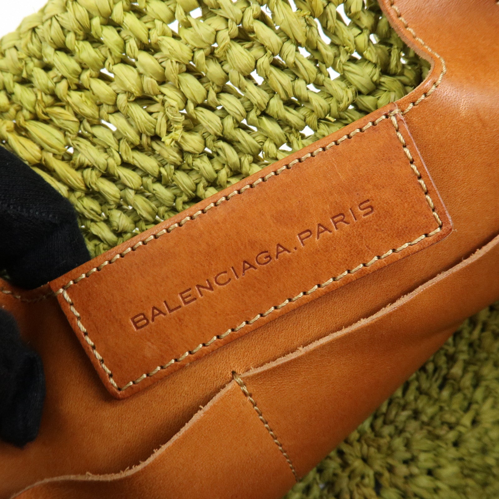 Balenciaga Panier Raffia Leather Basket Tote Bag Green Brown 236741