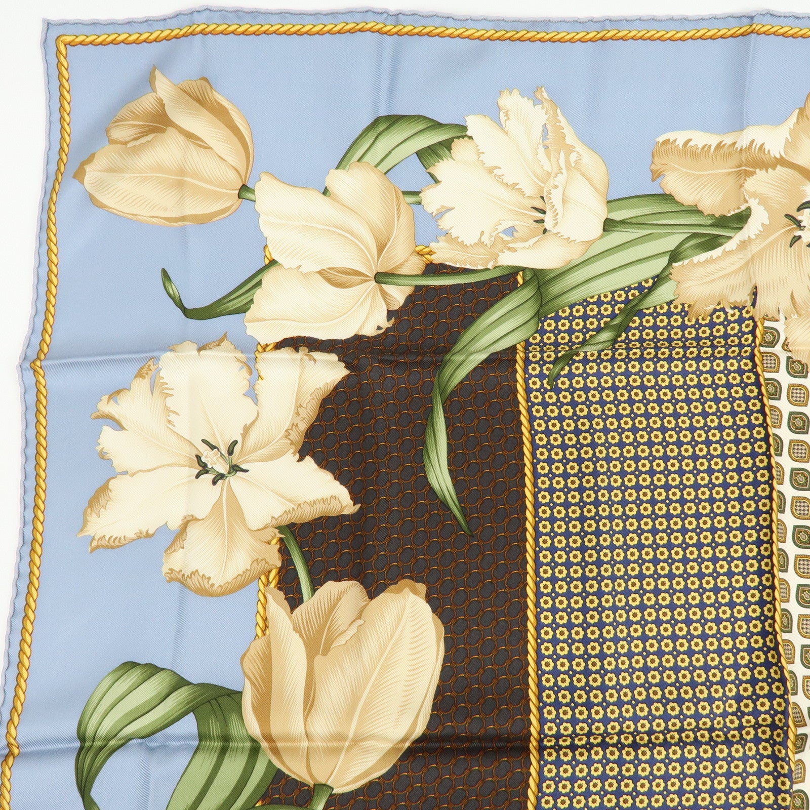Christian Dior Silk 100% Scarf Tulips Geometric Pattern Blue Brown