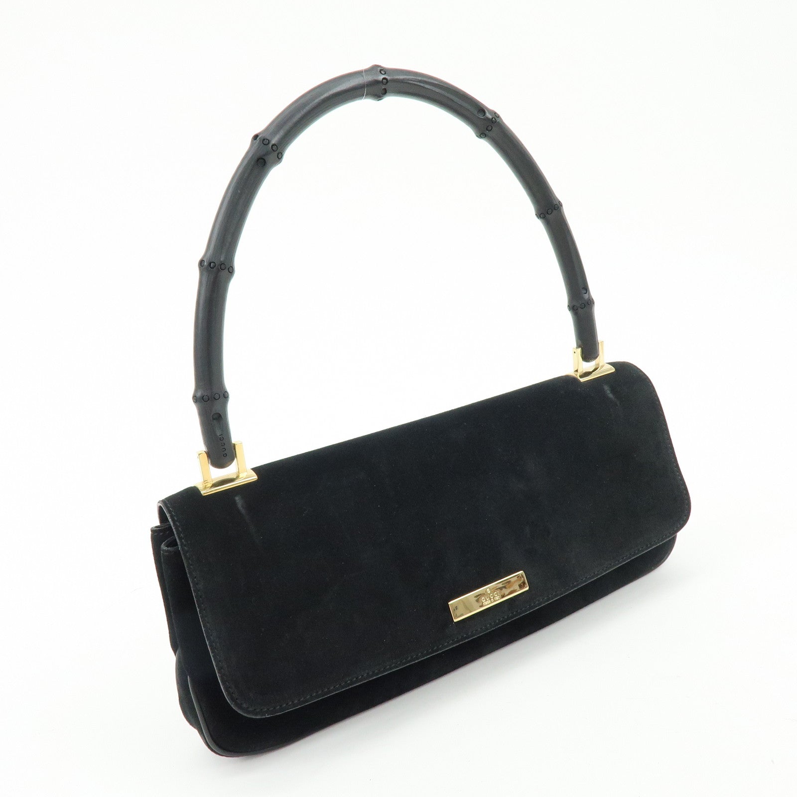 GUCCI Bamboo Suede Shoulder Bag Hand Bag Black 001998