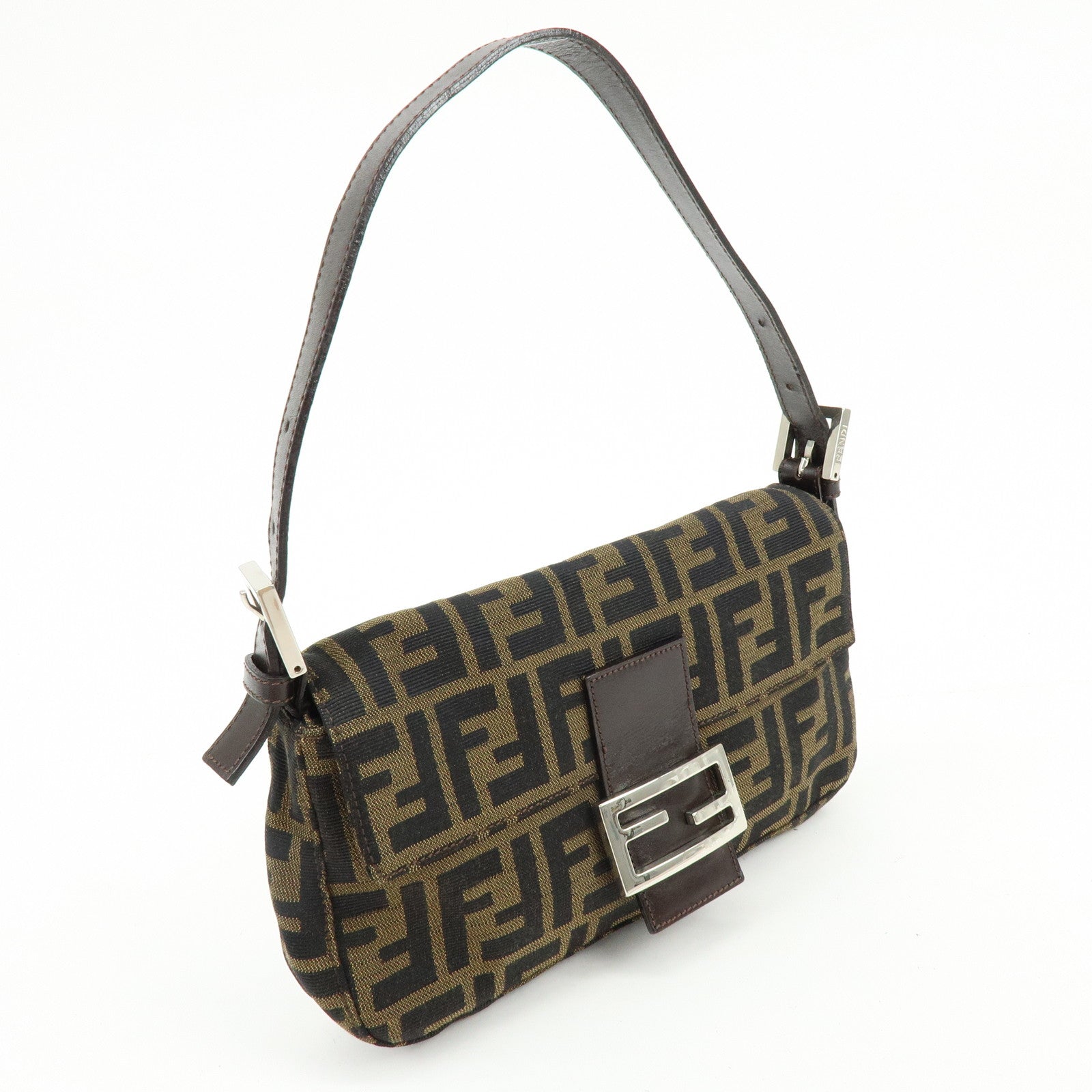 FENDI Mamma Baguette Canvas Leather Shoulder Bag Hand Bag Brown 26424