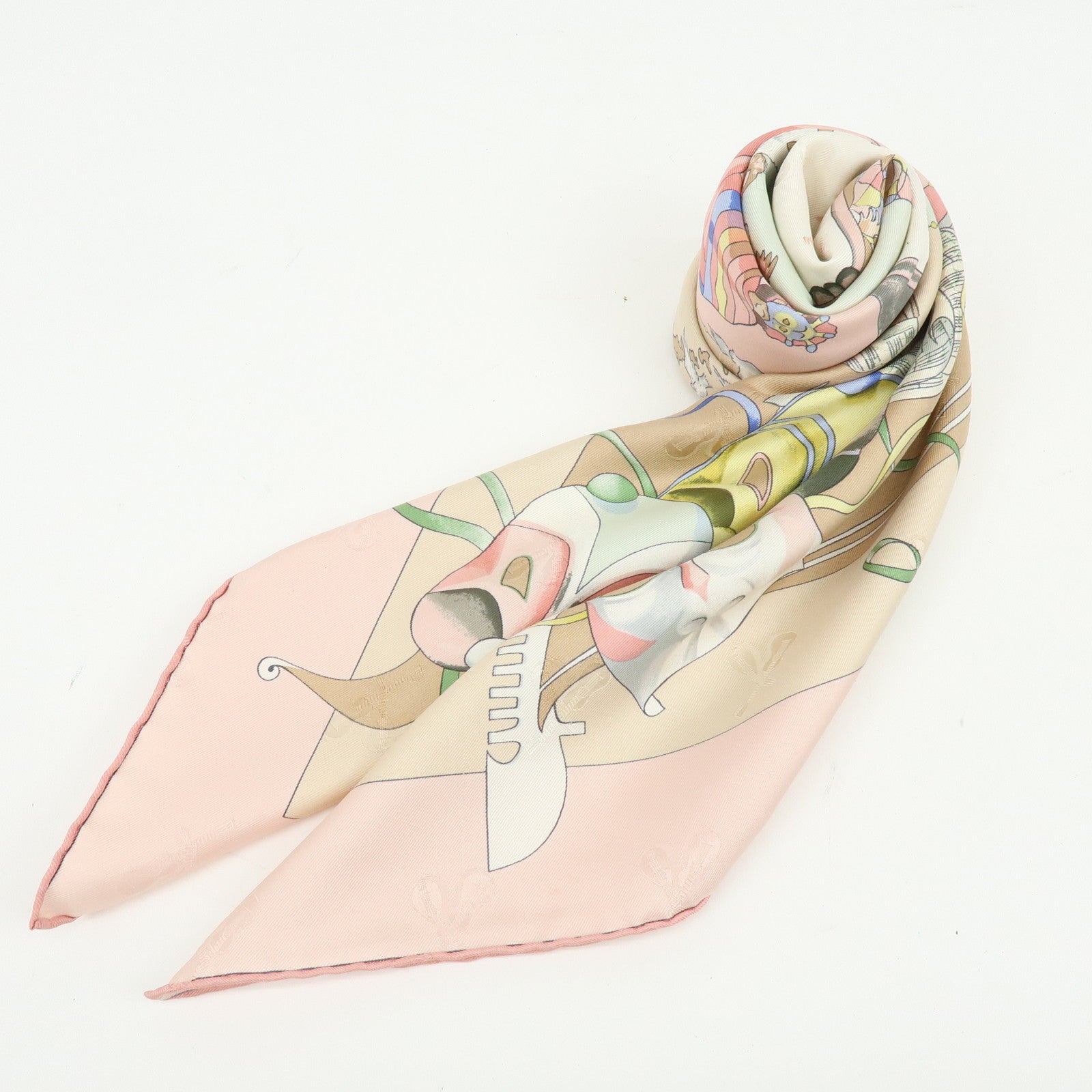 HERMES Carre 90 Silk 100% Scarf LE CARNAVAL DE VENISE Beige Pink