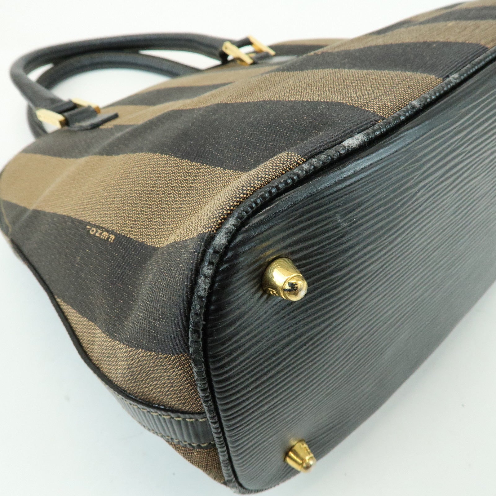 FENDI Pequin Canvas Embossed Leather 2Way Bag Hand Bag Brown