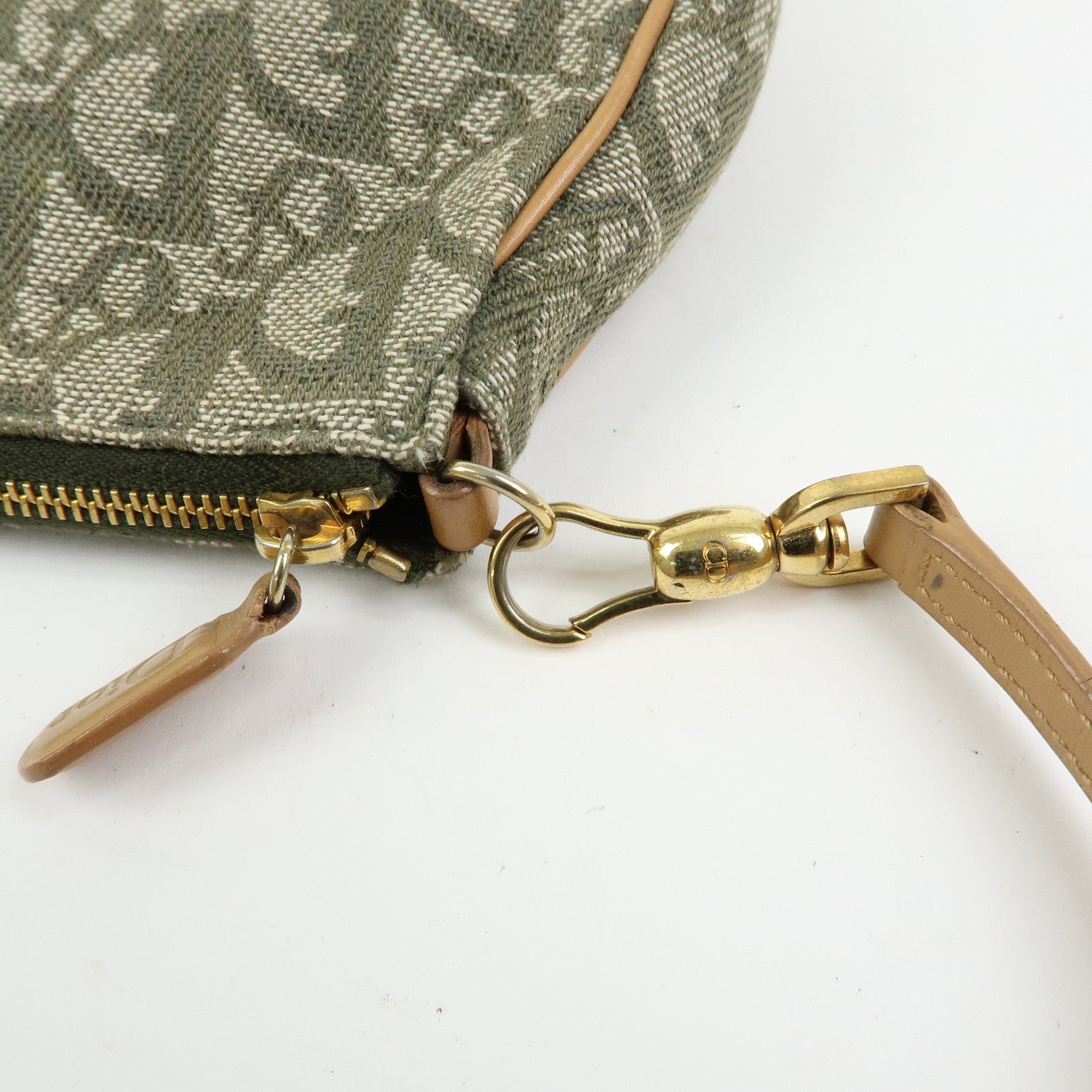 Christian Dior Trotter Saddle Jacquard Canvas Hand Bag Green Beige