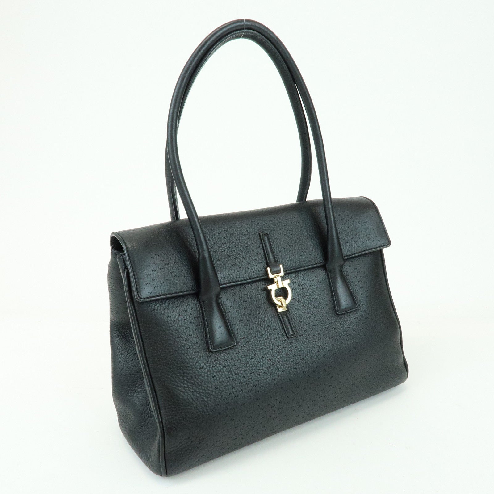 Ferragamo Gancini Leather Hand Bag Shoulder Bag Black
