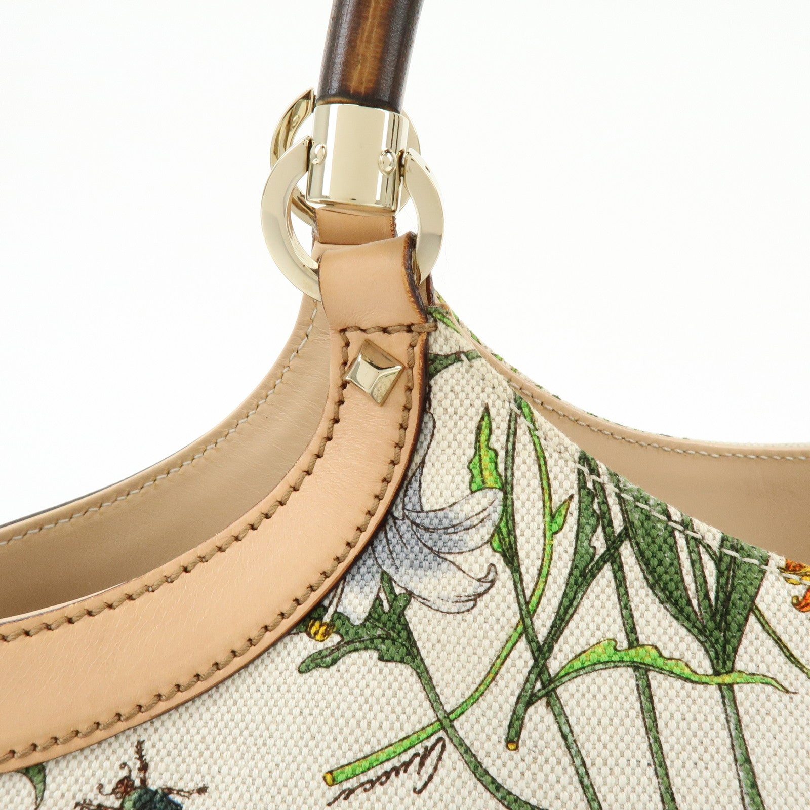 GUCCI Bamboo Flora Canvas Leather Hand Bag Multicolor Beige 137395