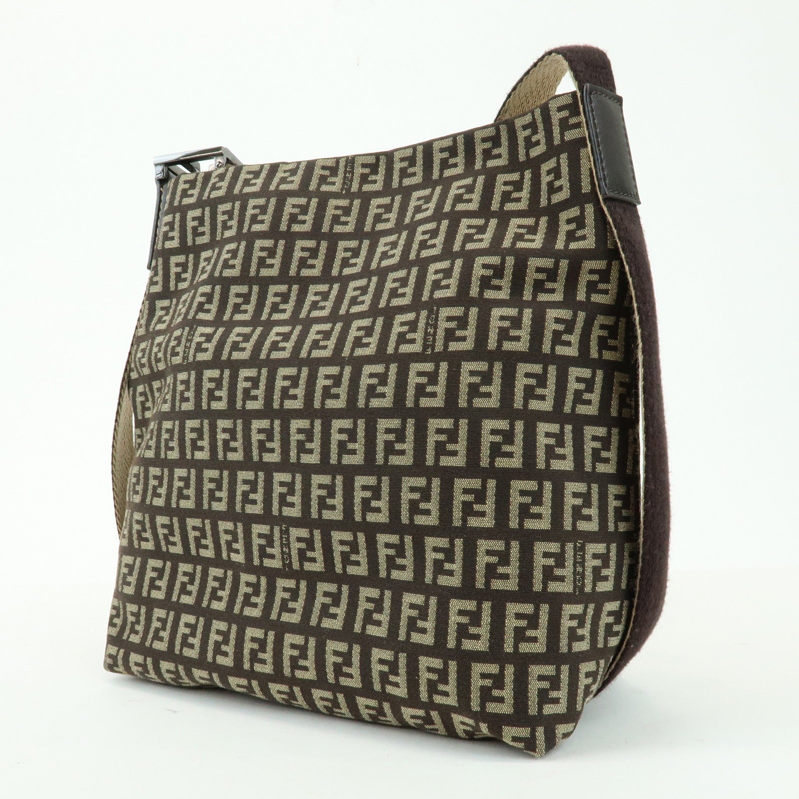 FENDI Zucchino Jacquard Canvas Leather Shoulder Bag Brown 8BR317