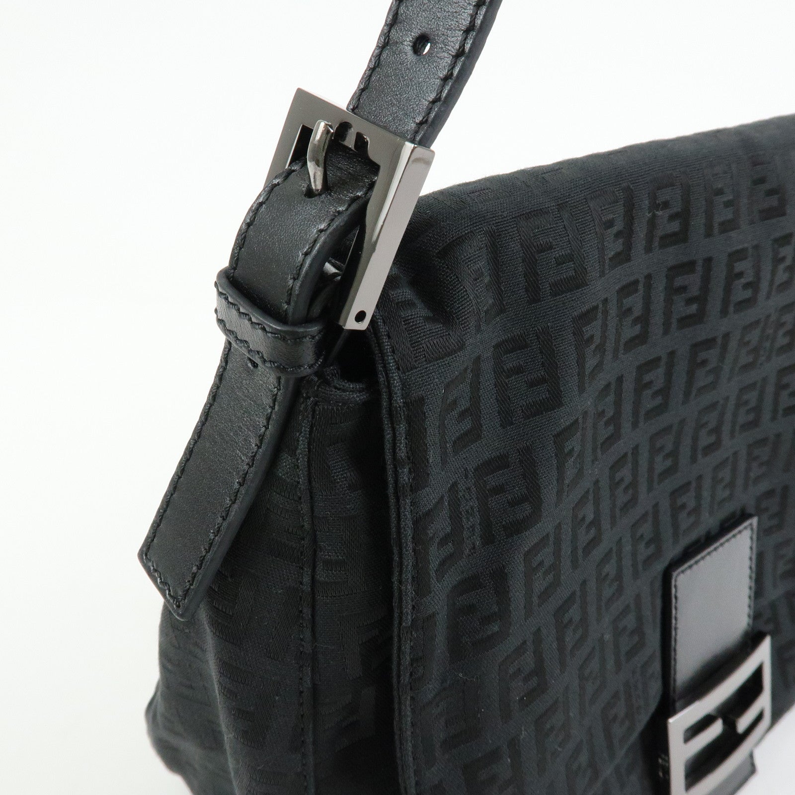 FENDI Mamma Baguette Zucchino Canvas Leather Shoulder Bag Black 8BR001
