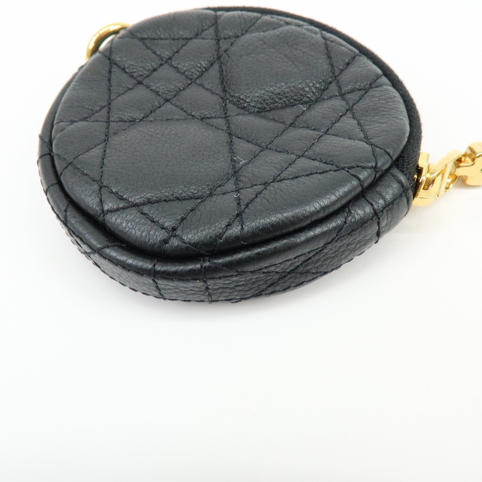 Christian Dior Caro Cannage Calf Skin Round Coin Case Bag Charm Black