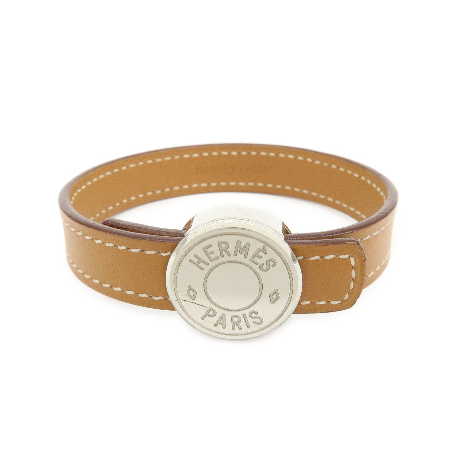 HERMES Serie Looping Leather Metal Bracelet Brown Black Silver