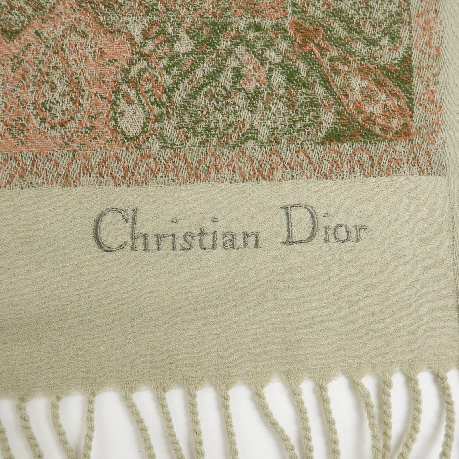 Christian Dior Wool 100% Scarf Paisley Stole Green Coral