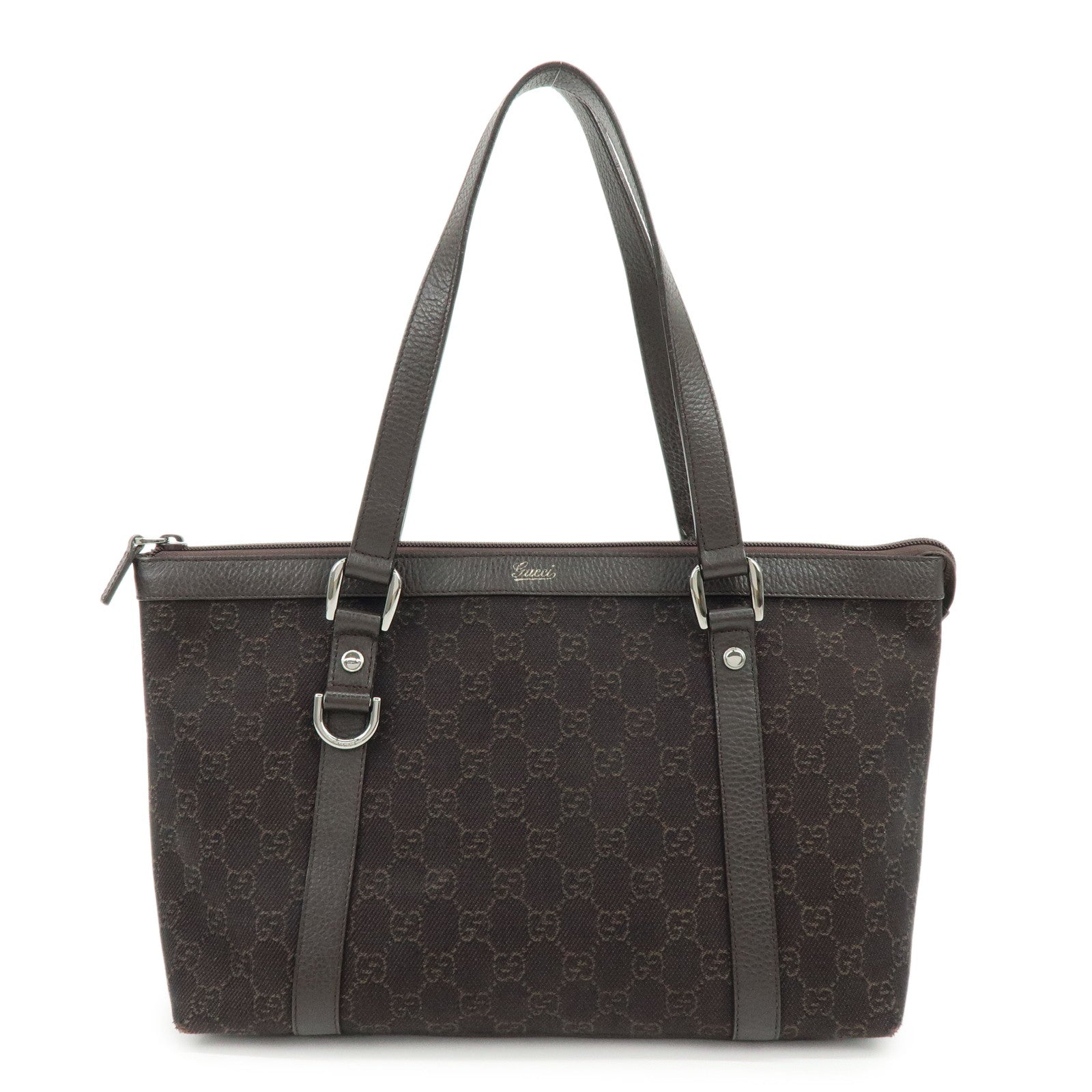 GUCCI Abbey GG Denim Leather Tote Bag Hand Bag Dark Brown 268640