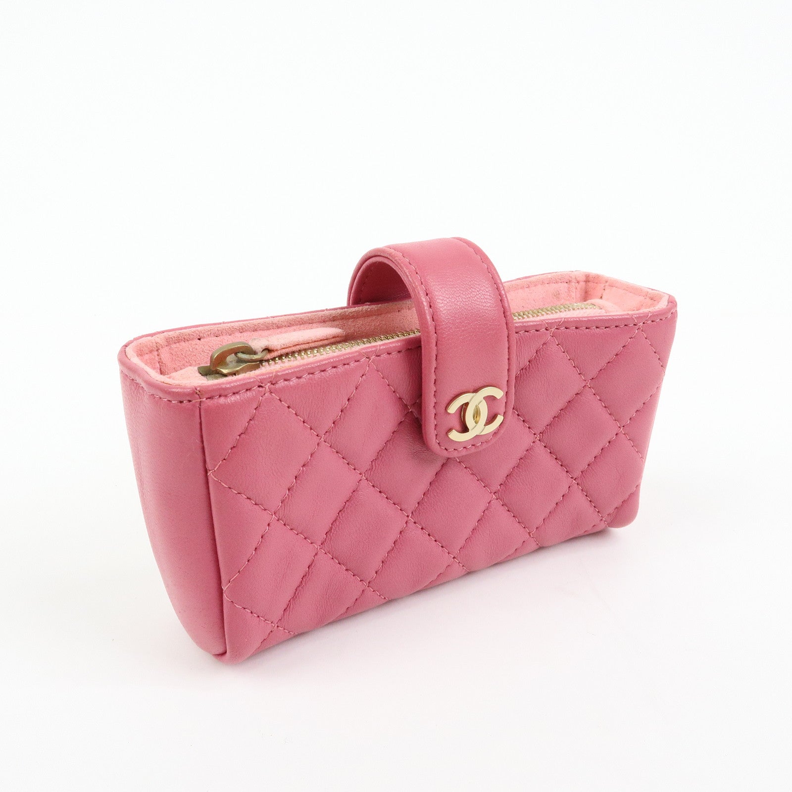 CHANEL Matelasse COCO Mark Lamb Skin Cosmetic Case Pouch Pink
