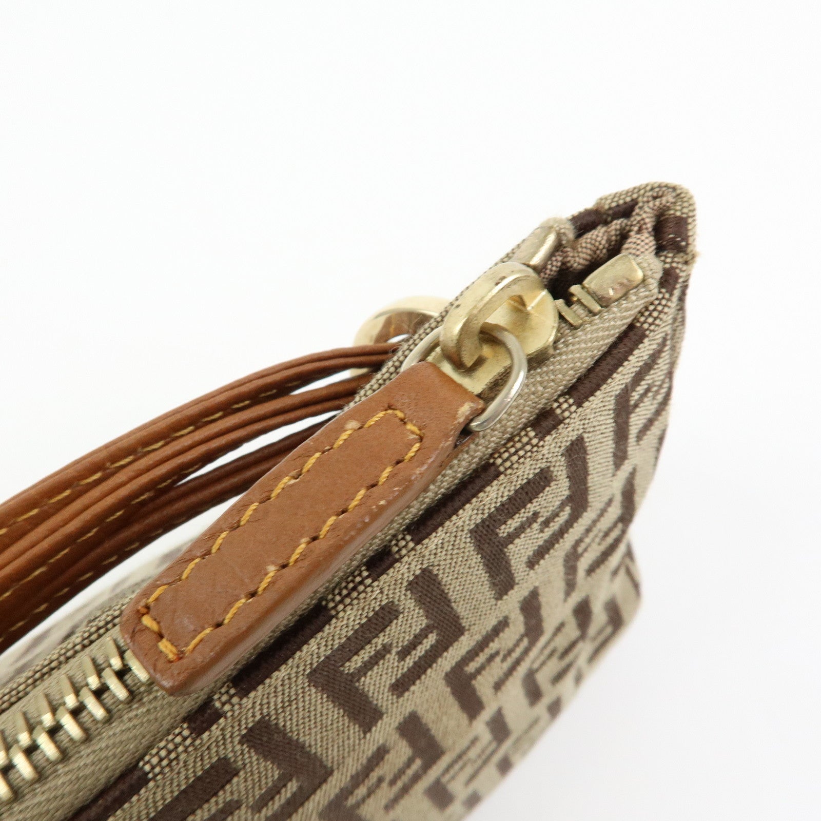 FENDI Zucchino Canvas Leather Hand Bag Accessory Pouch Beige 8BR513